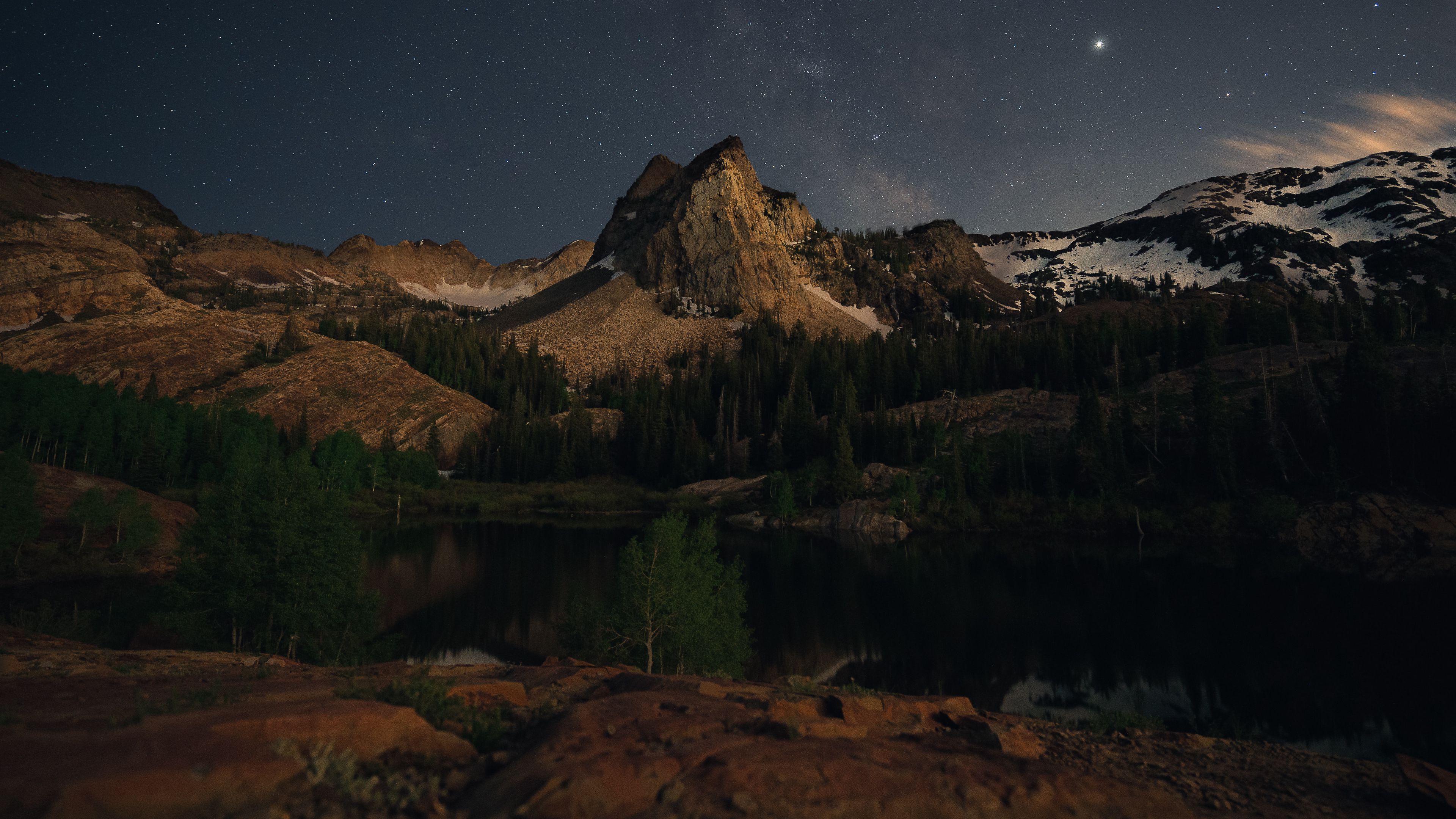 mountains, lake, night, landscape, dark, 4k, HD Wallpaper