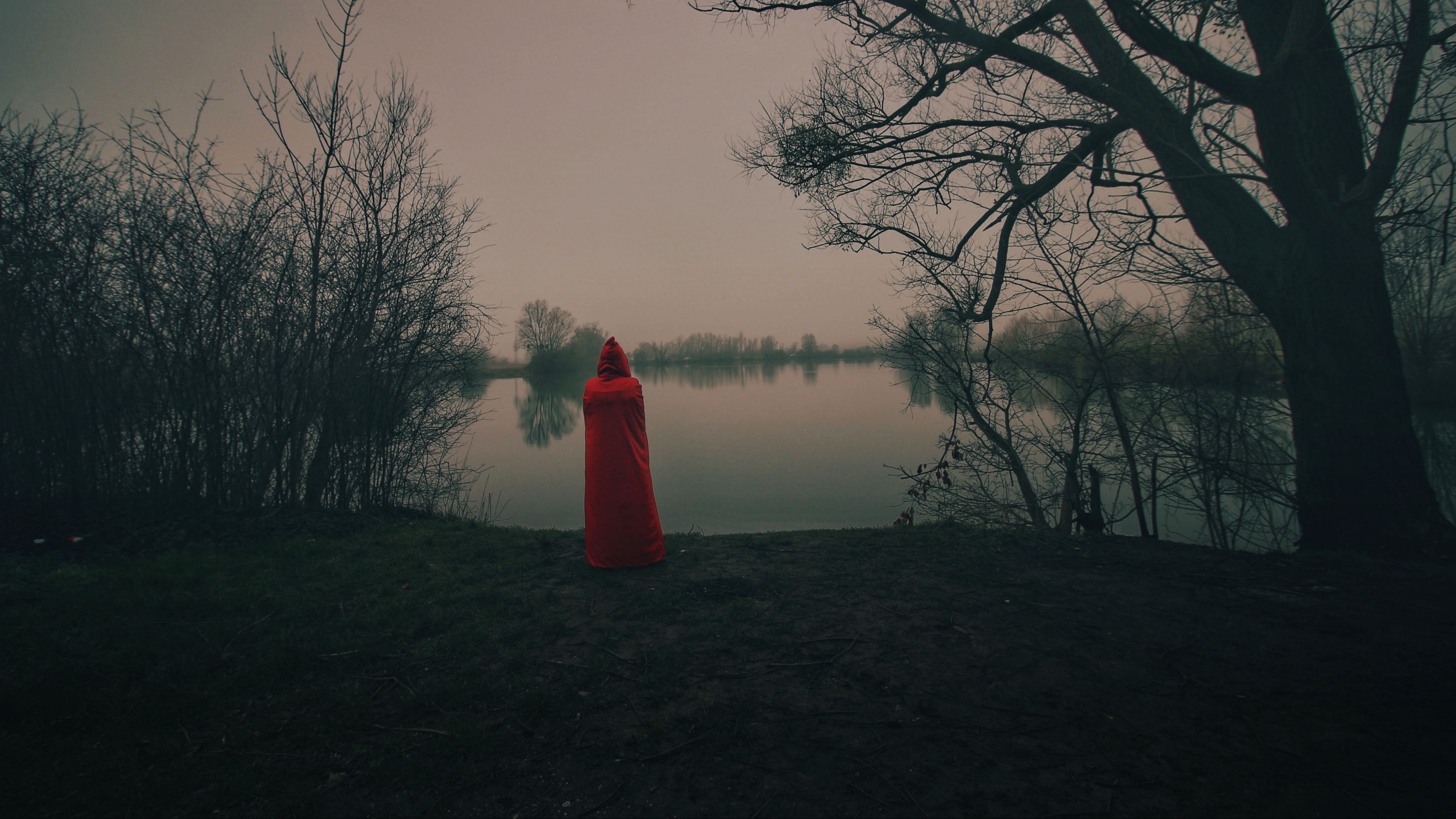silhouette, red, cloak, lake, shore, 4k, HD Wallpaper