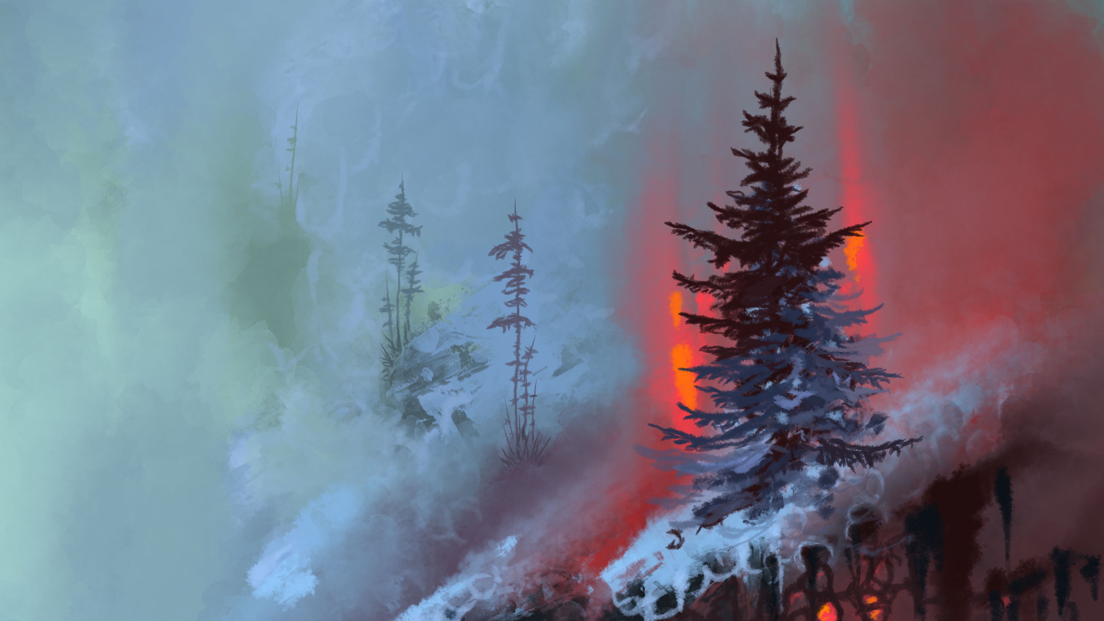 spruce, cliff, roots, paint, art, 4k, HD Wallpaper