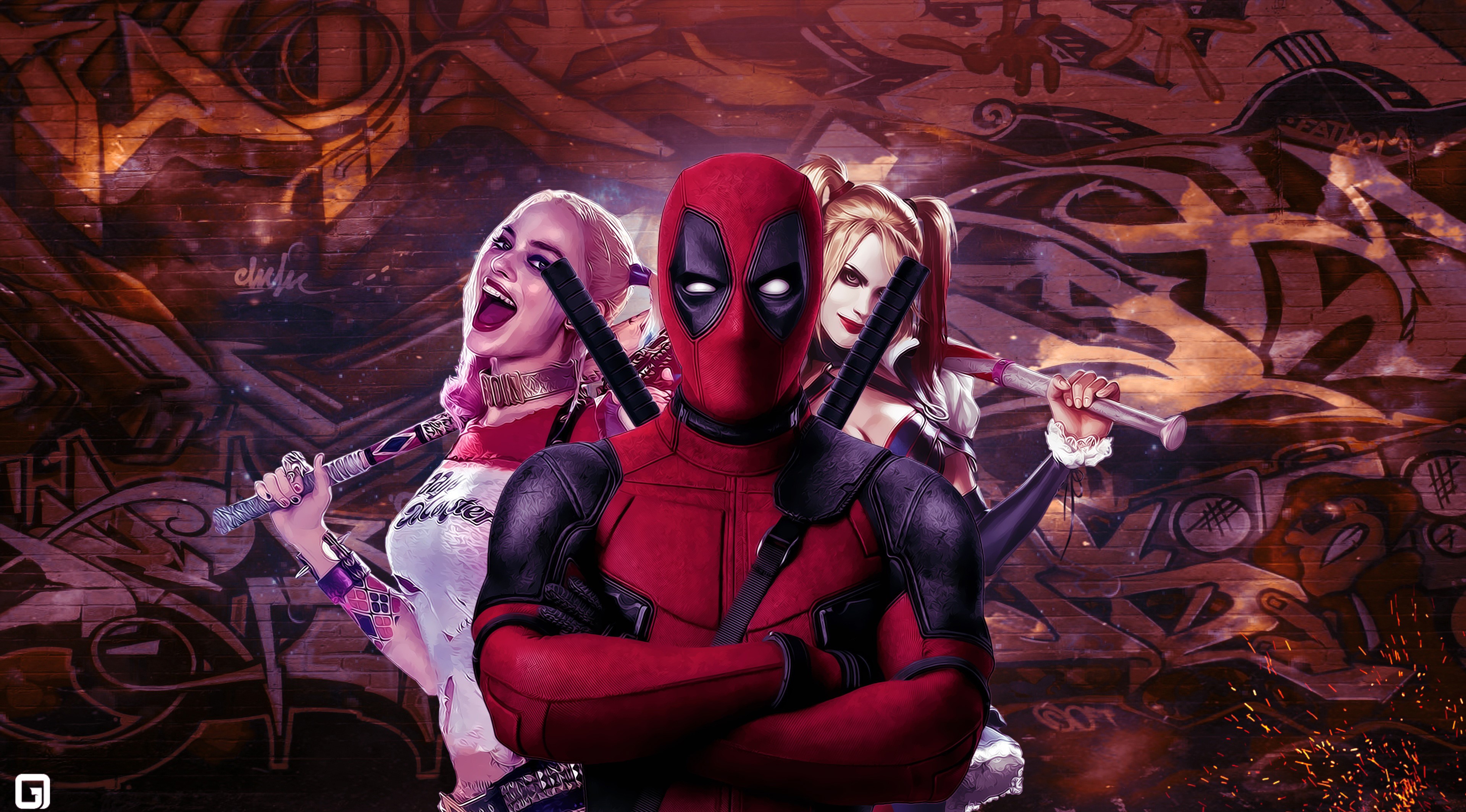 deadpool, harley quinn, artist, digital art, 4k, hd, HD Wallpaper