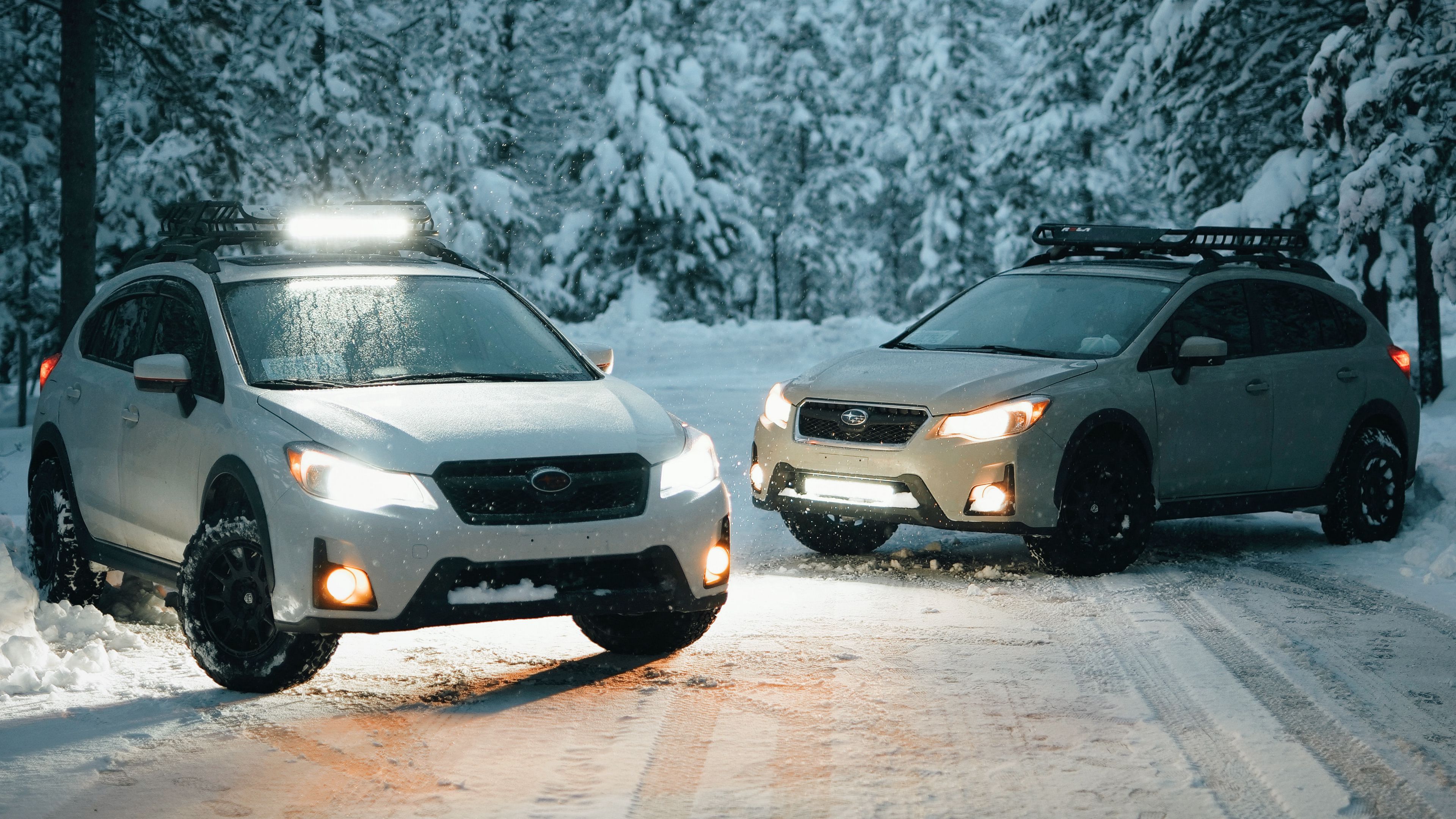 cars, white, snow, winter, trees, 4k, HD Wallpaper