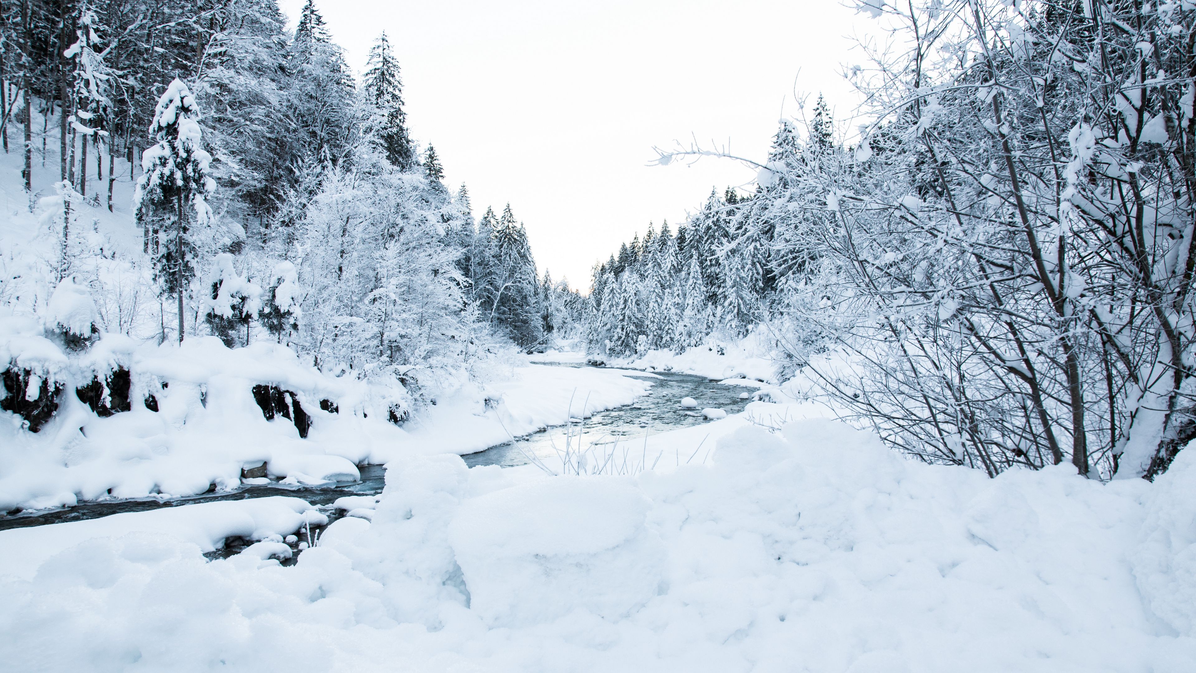 river, trees, snow, landscape, winter, 4k, HD Wallpaper