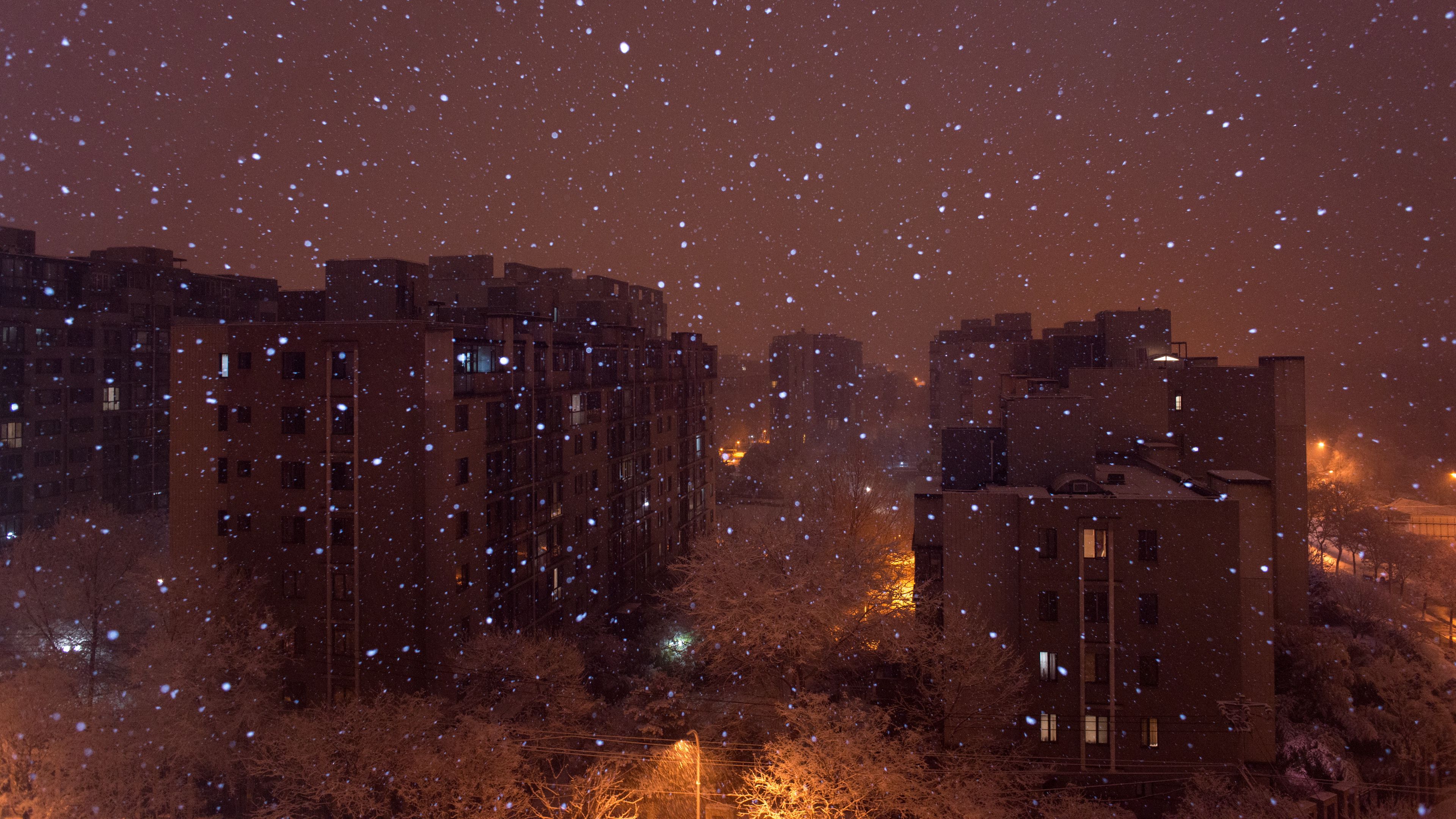 city, buildings, aerial view, snow, winter, 4k, HD Wallpaper