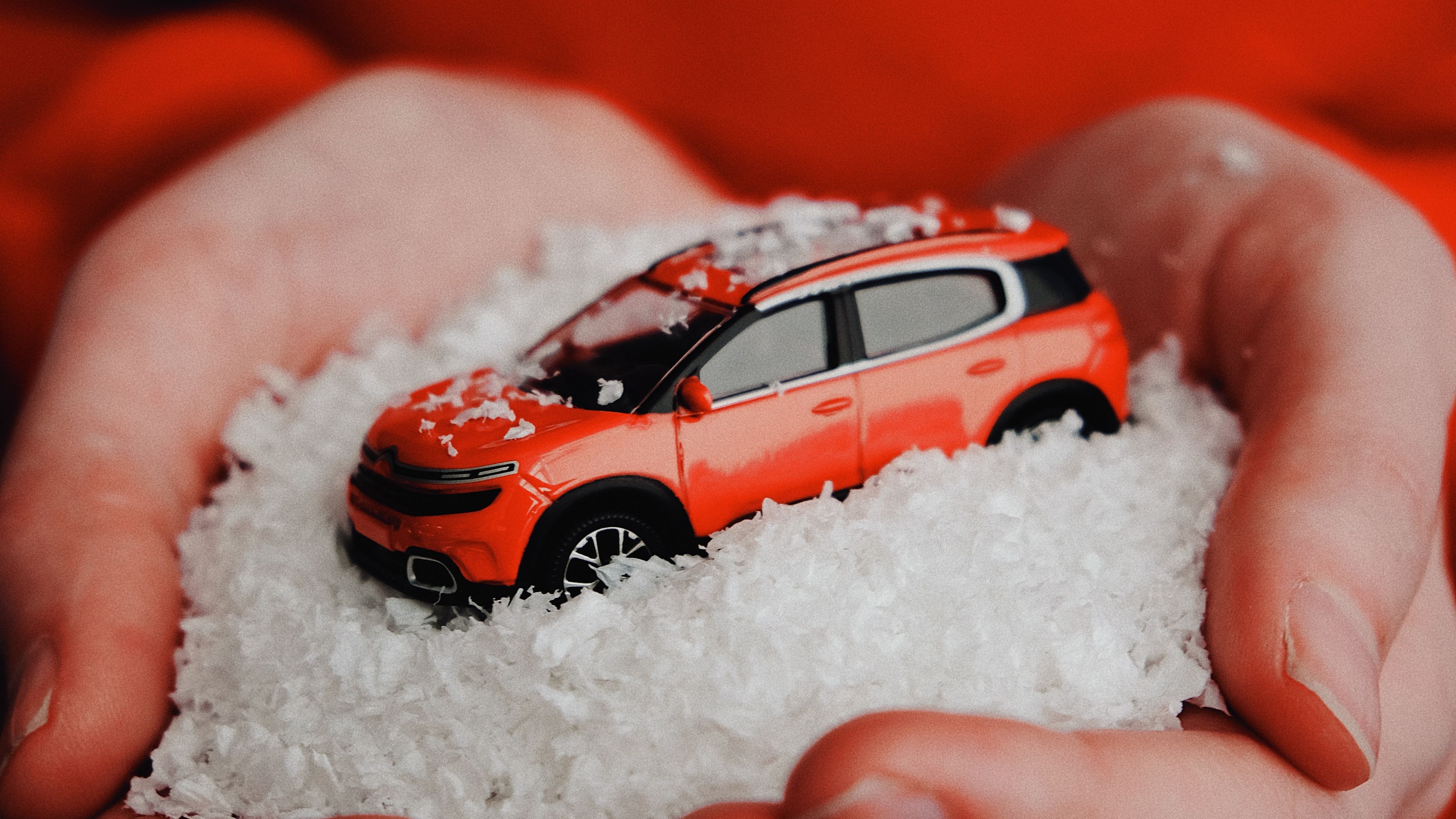 car, red, snow, toy, hands, 4k, HD Wallpaper