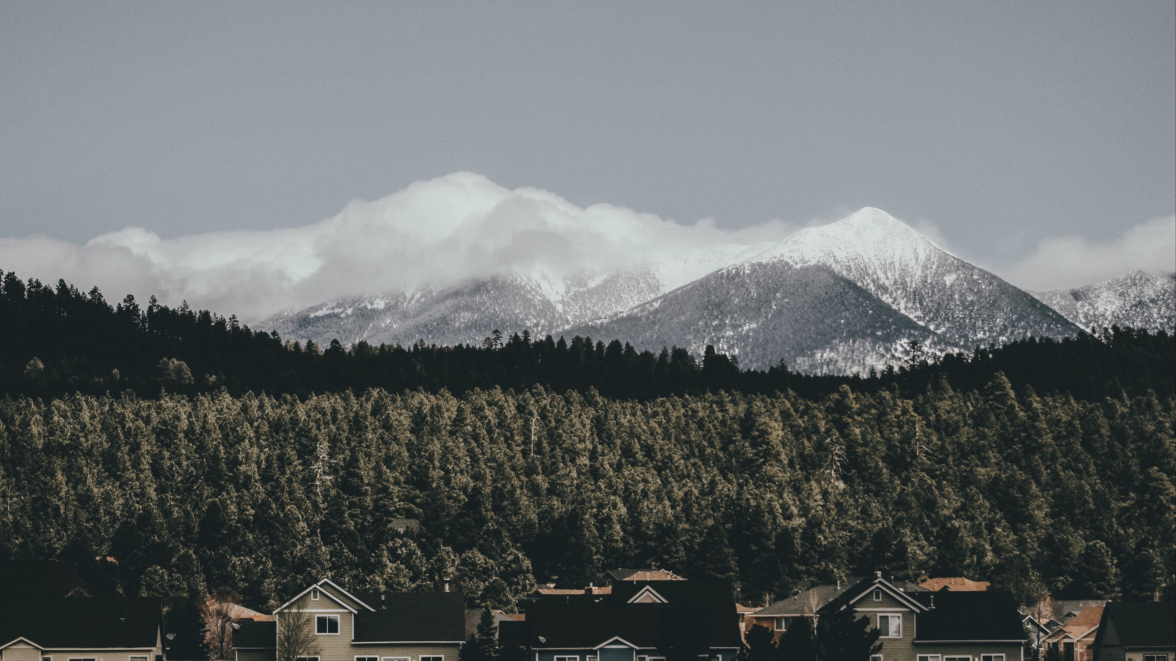 houses, forest, mountains, clouds, nature, 4k, HD Wallpaper