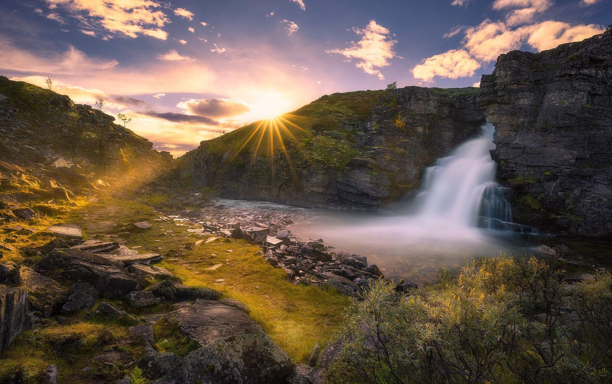 waterfall, sunrise, nature, HD Wallpaper