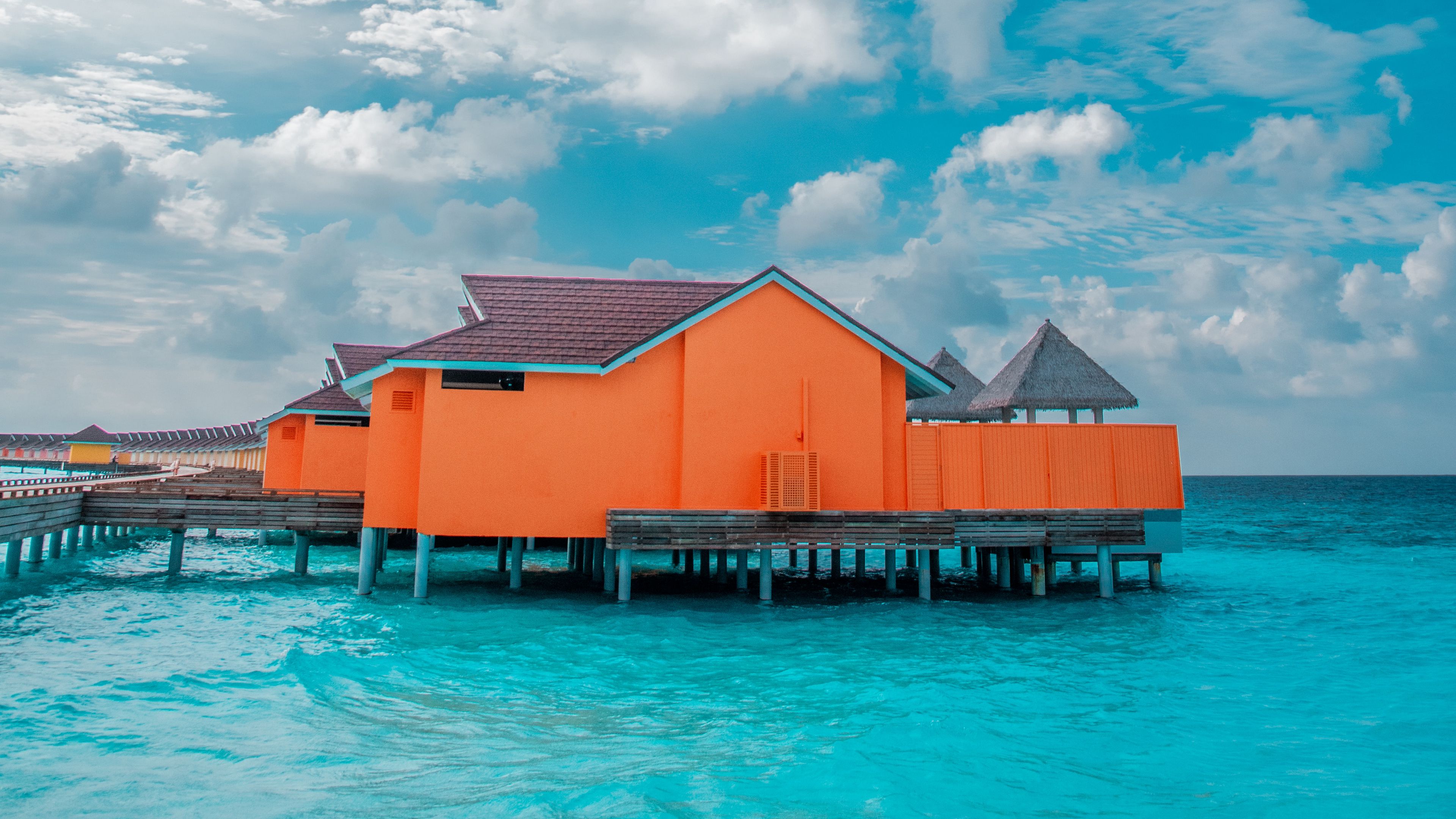 house, pier, ocean, water, tropics, 4k, HD Wallpaper