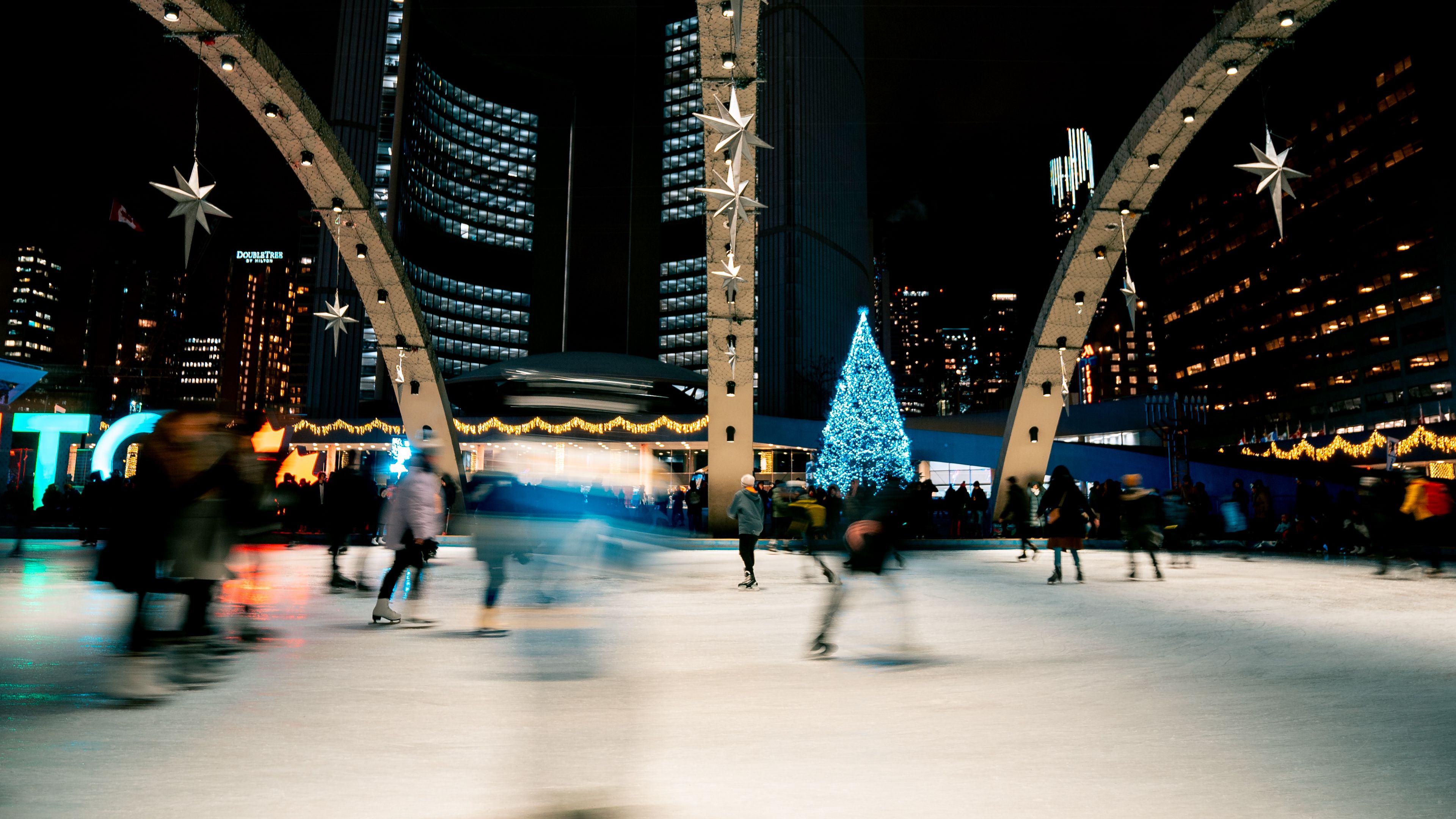 ice rink, people, blur, long exposure, 4k, HD Wallpaper