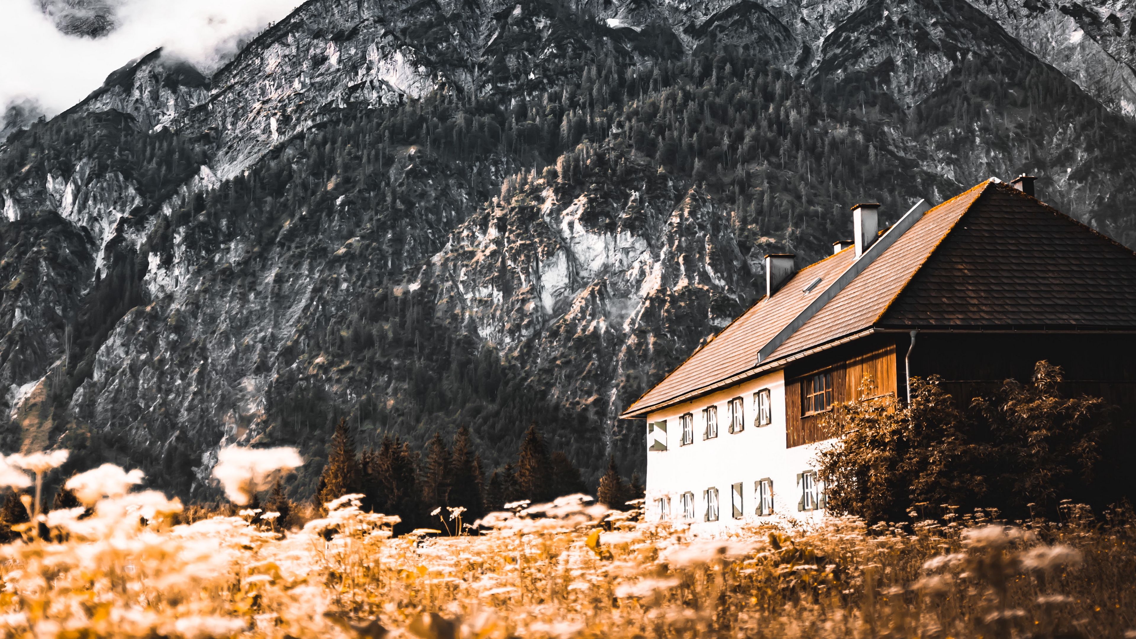 house, mountain, peak, clouds, nature, 4k, HD Wallpaper