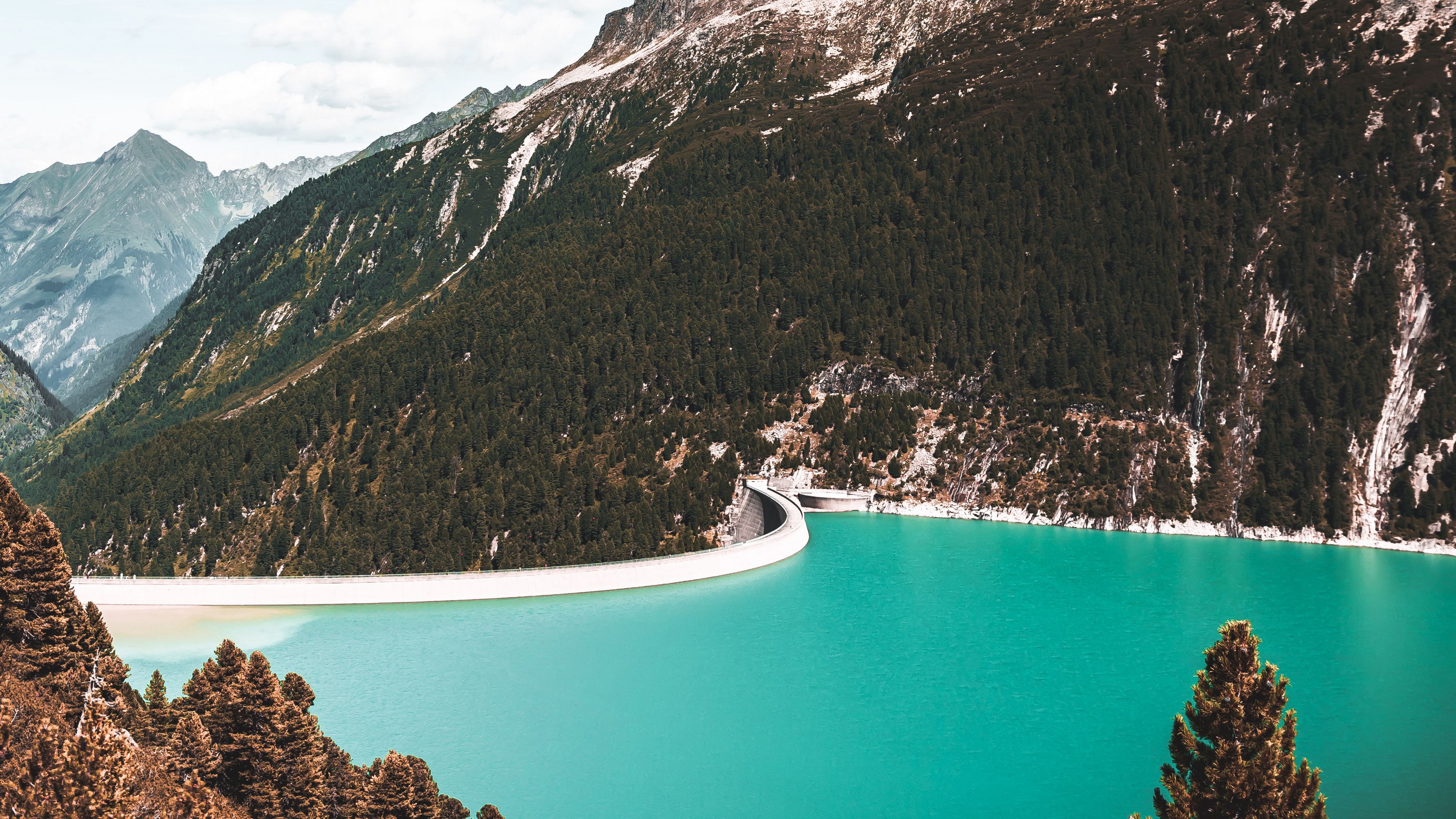 lake, mountains, slopes, trees, landscape, 4k, HD Wallpaper
