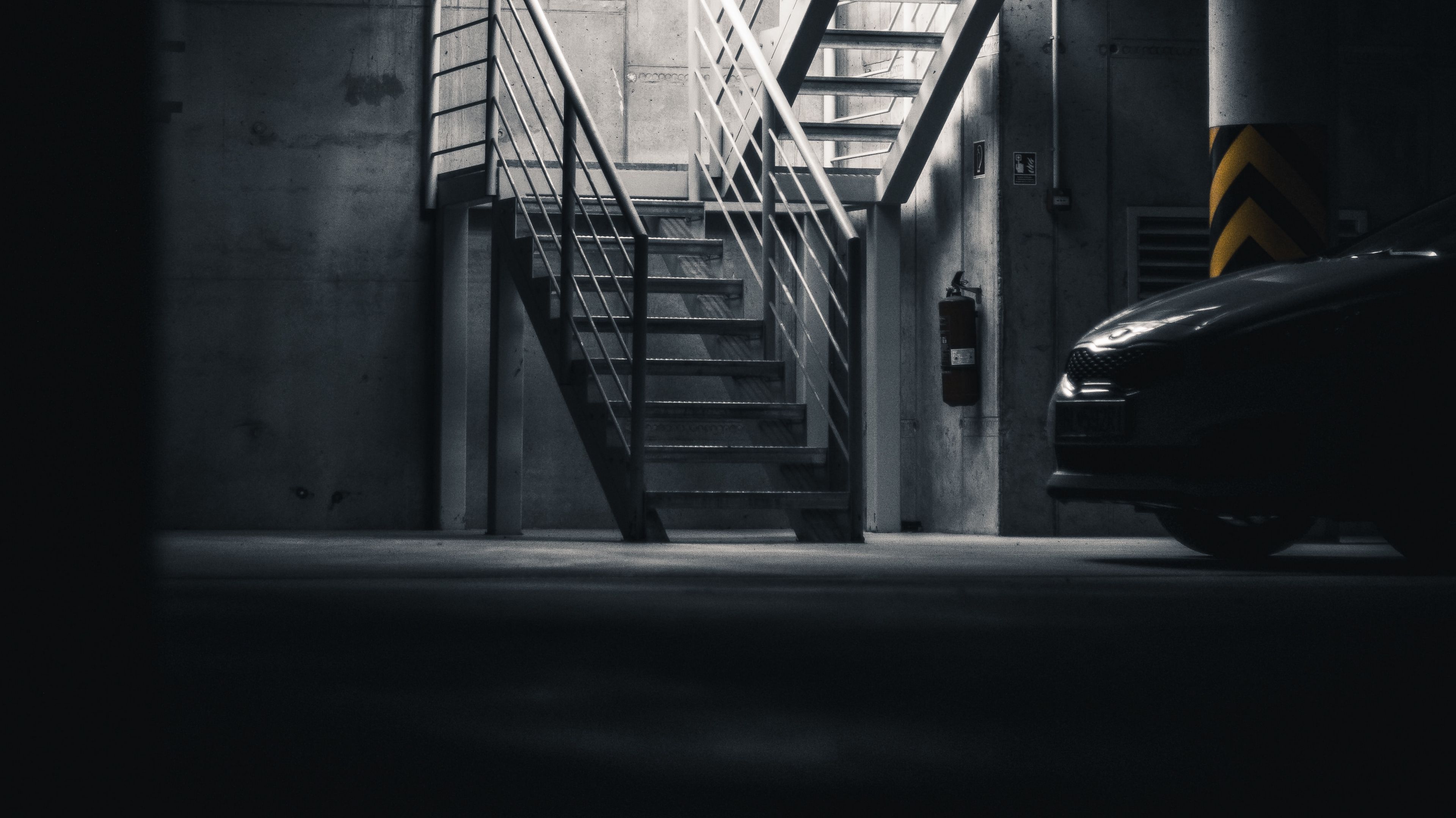 car, gray, dark, parking, stairs, 4k, HD Wallpaper