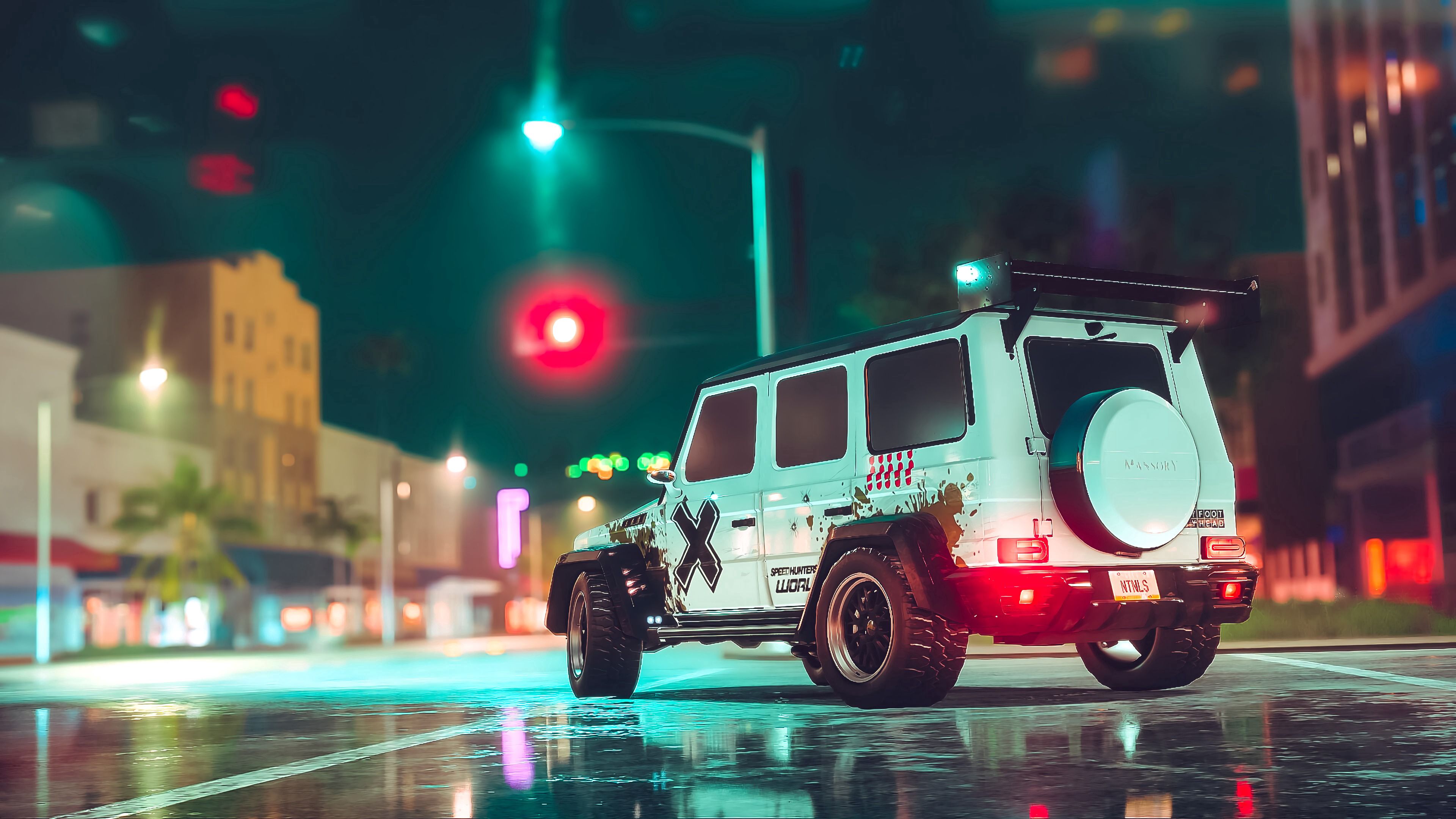 car, suv, white, road, asphalt, neon, 4k, HD Wallpaper