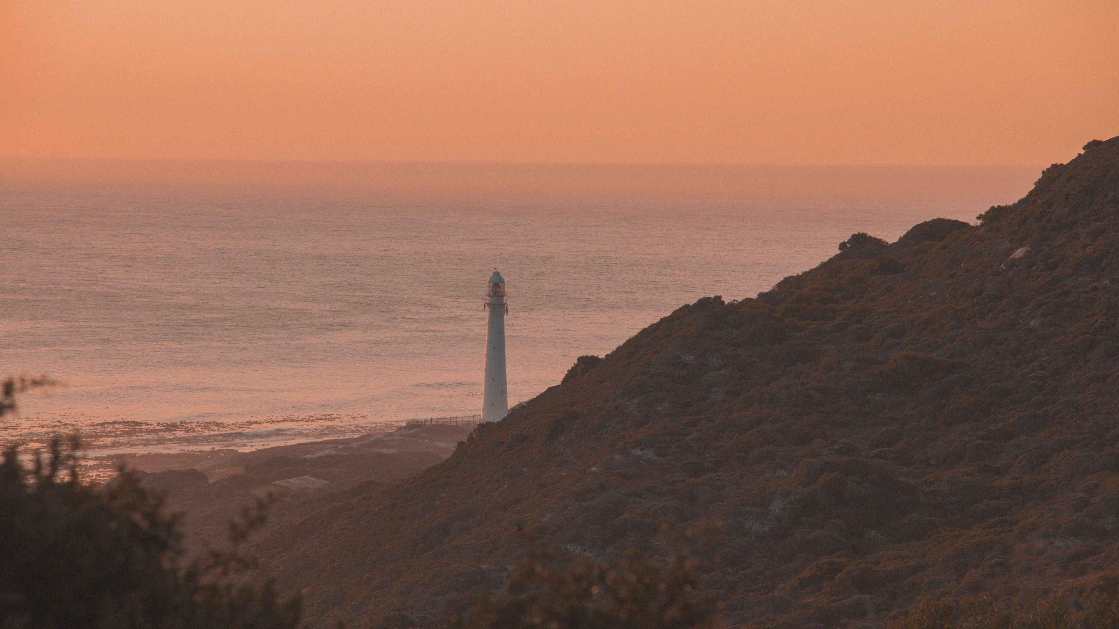 lighthouse, coast, fog, dusk, 4k, HD Wallpaper