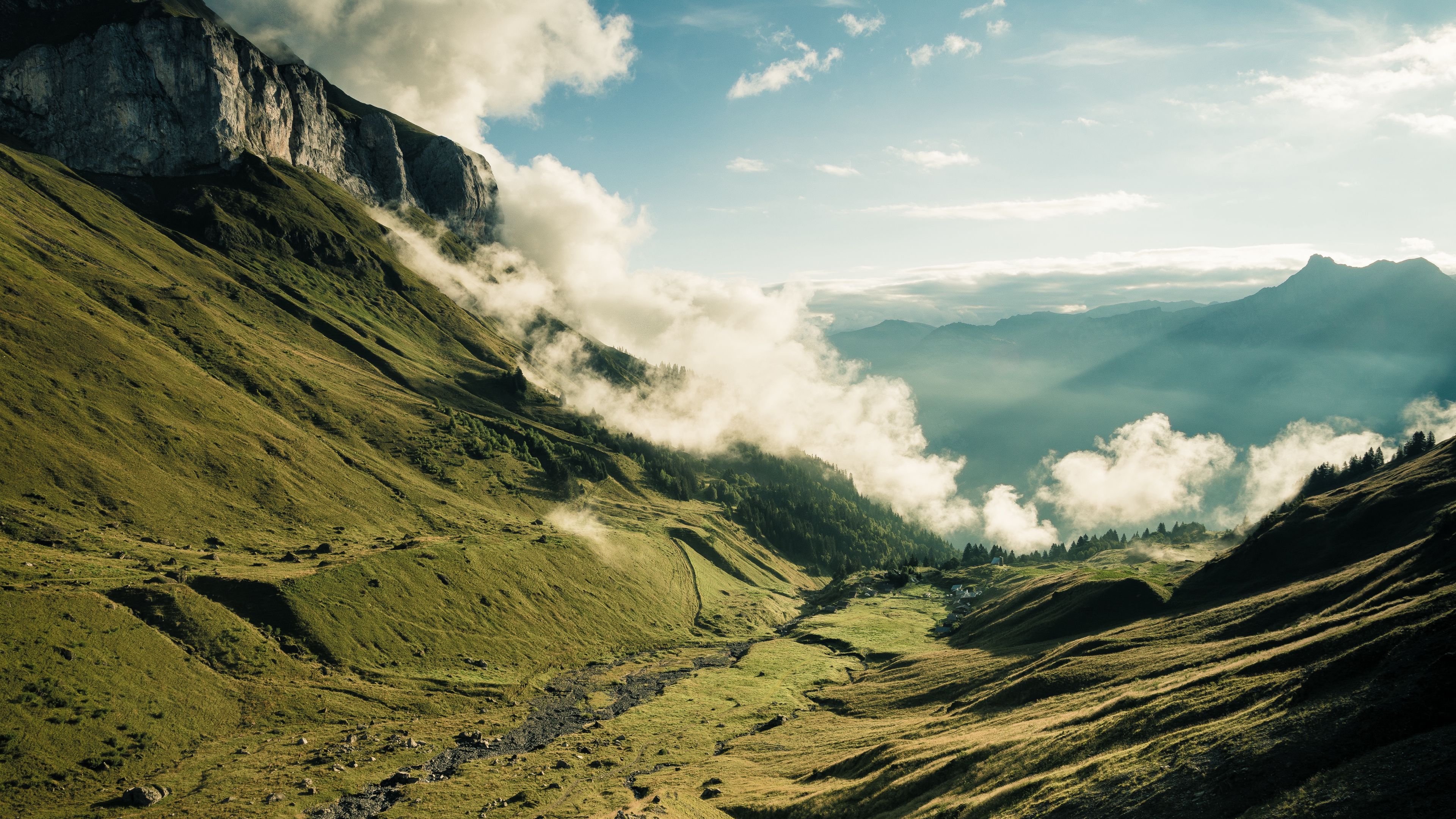 mountains, valley, clouds, fog, landscape, 4k, HD Wallpaper