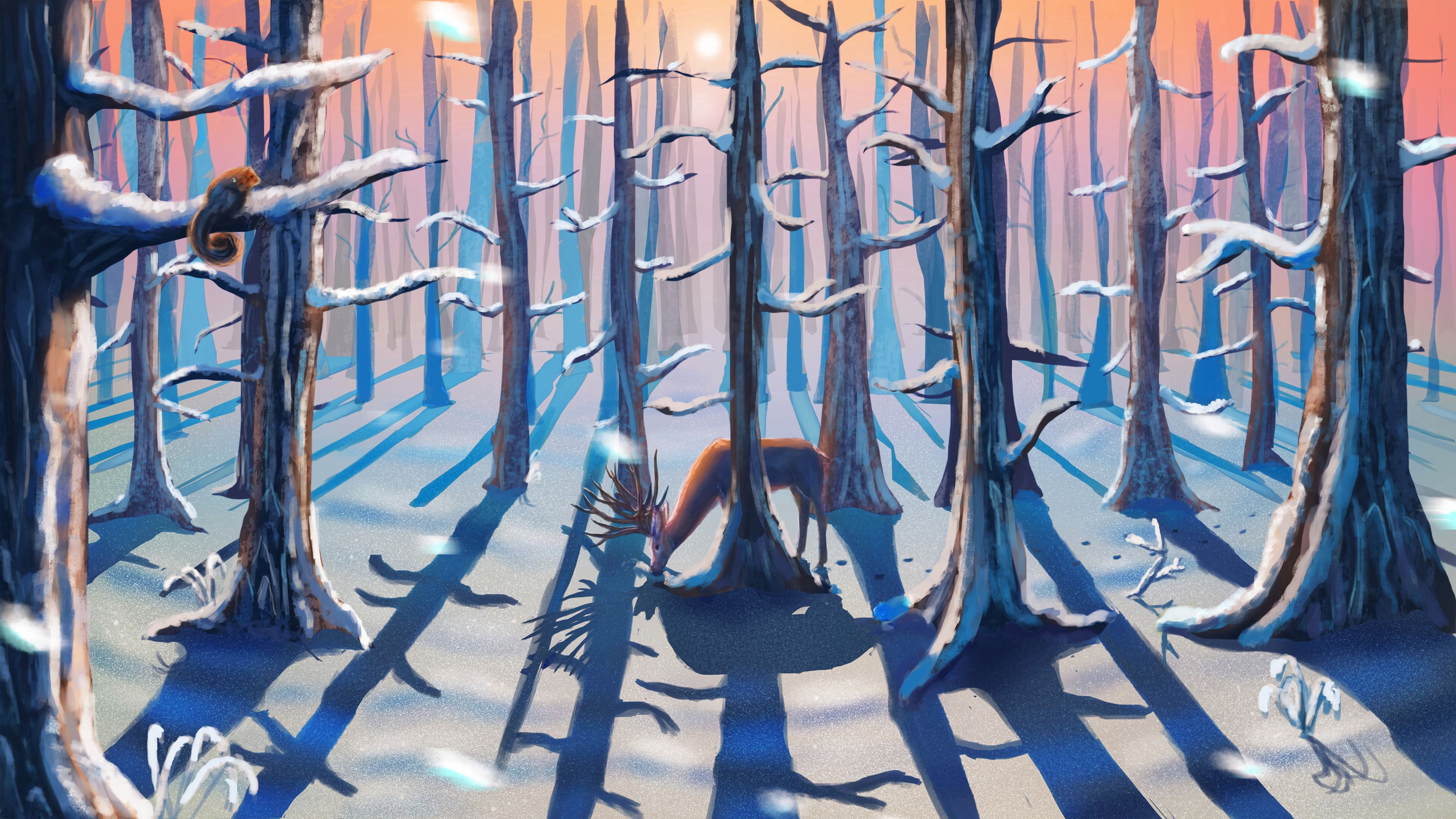forest, deer, winter, nature, art, 4k, HD Wallpaper