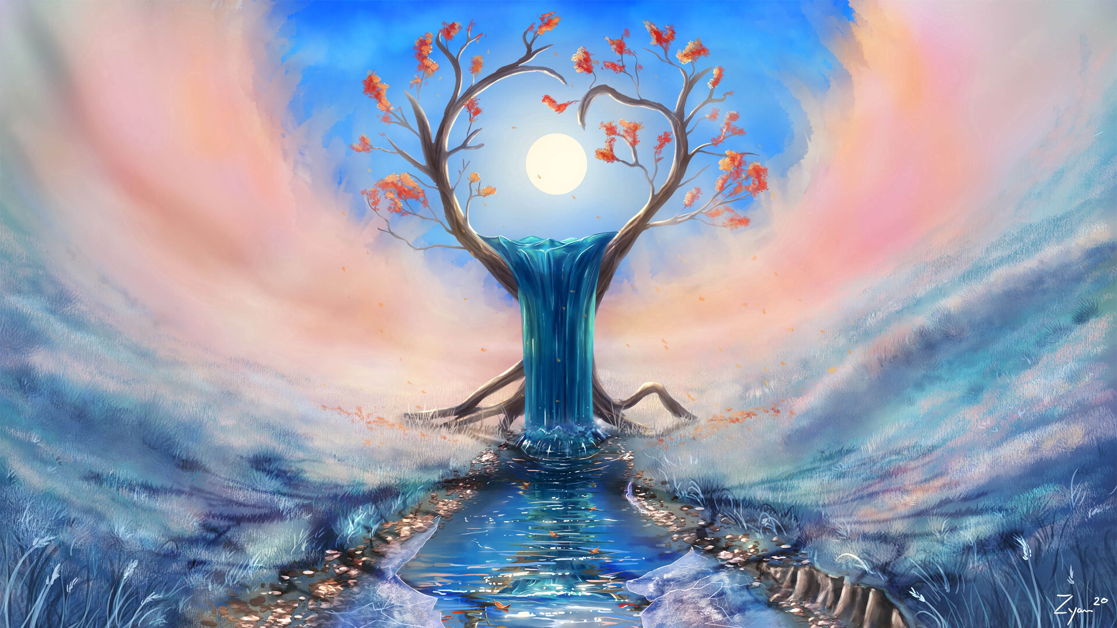 tree, waterfall, sun, fiction, art, 4k, HD Wallpaper