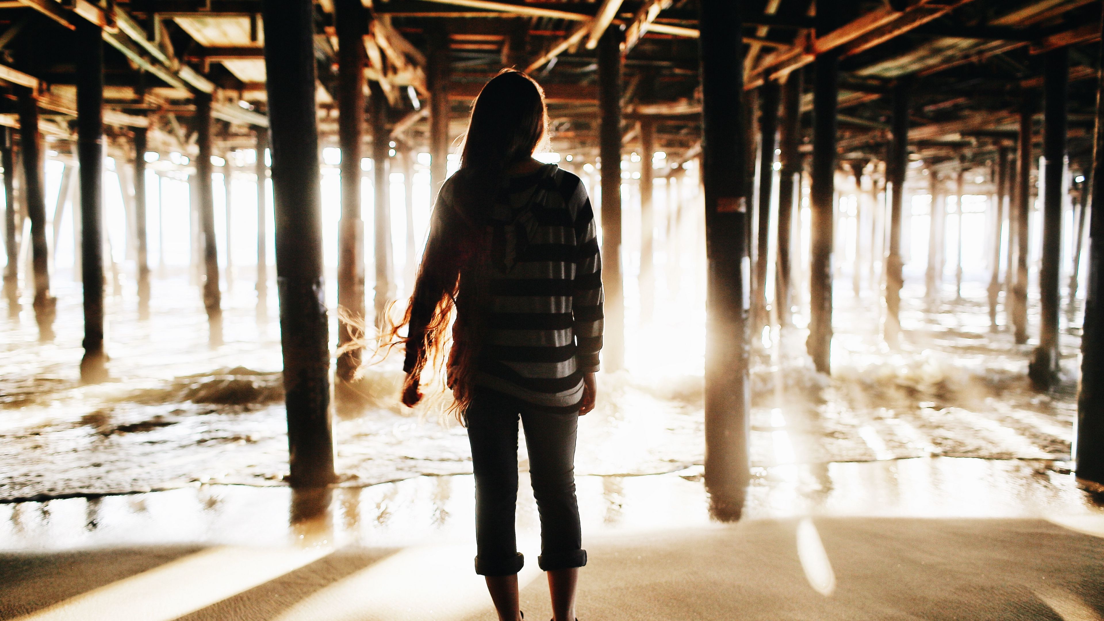 girl, silhouette, pier, water, sand, 4k, HD Wallpaper