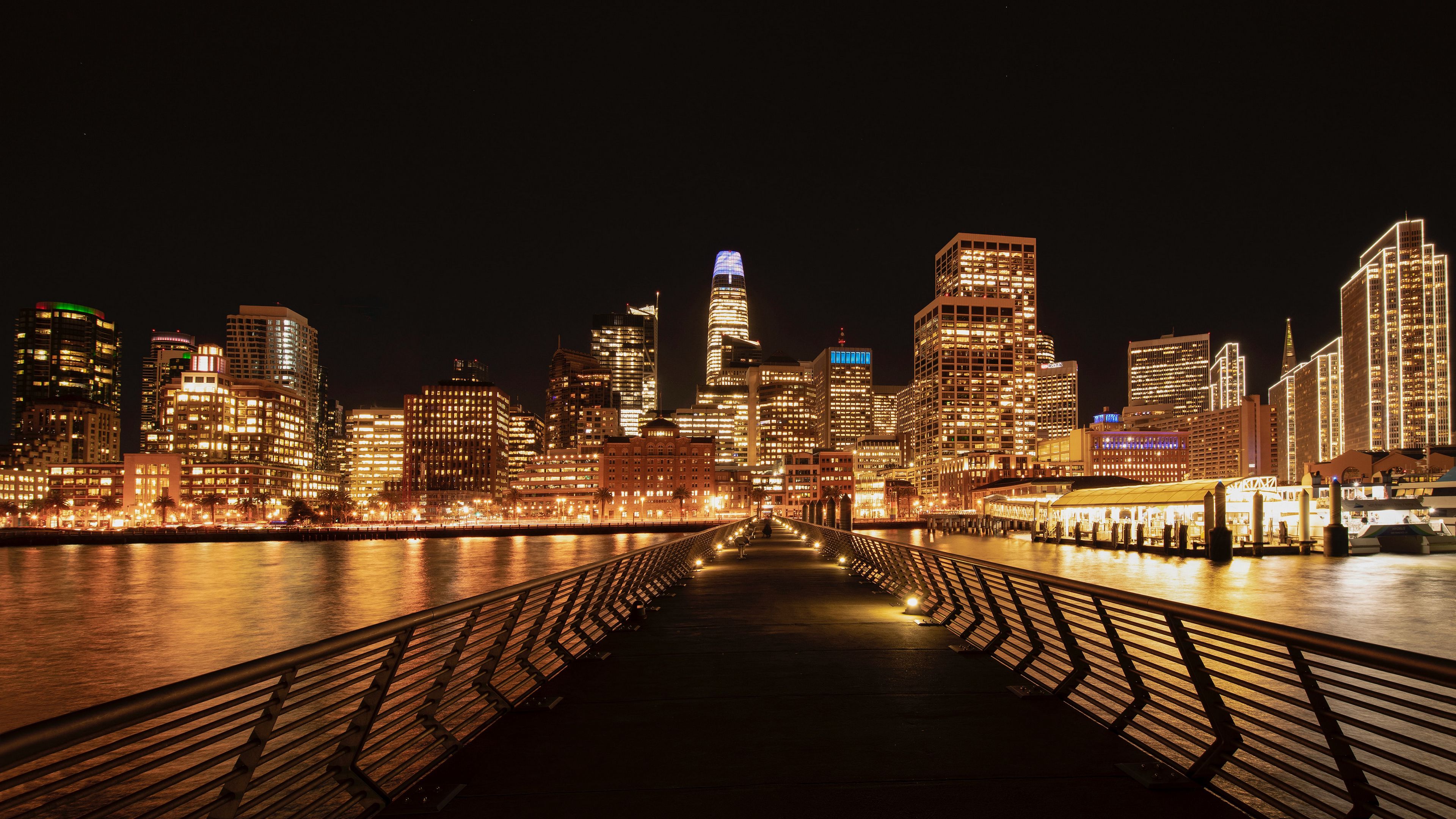 night city, buildings, lights, bridge, coast, 4k, HD Wallpaper