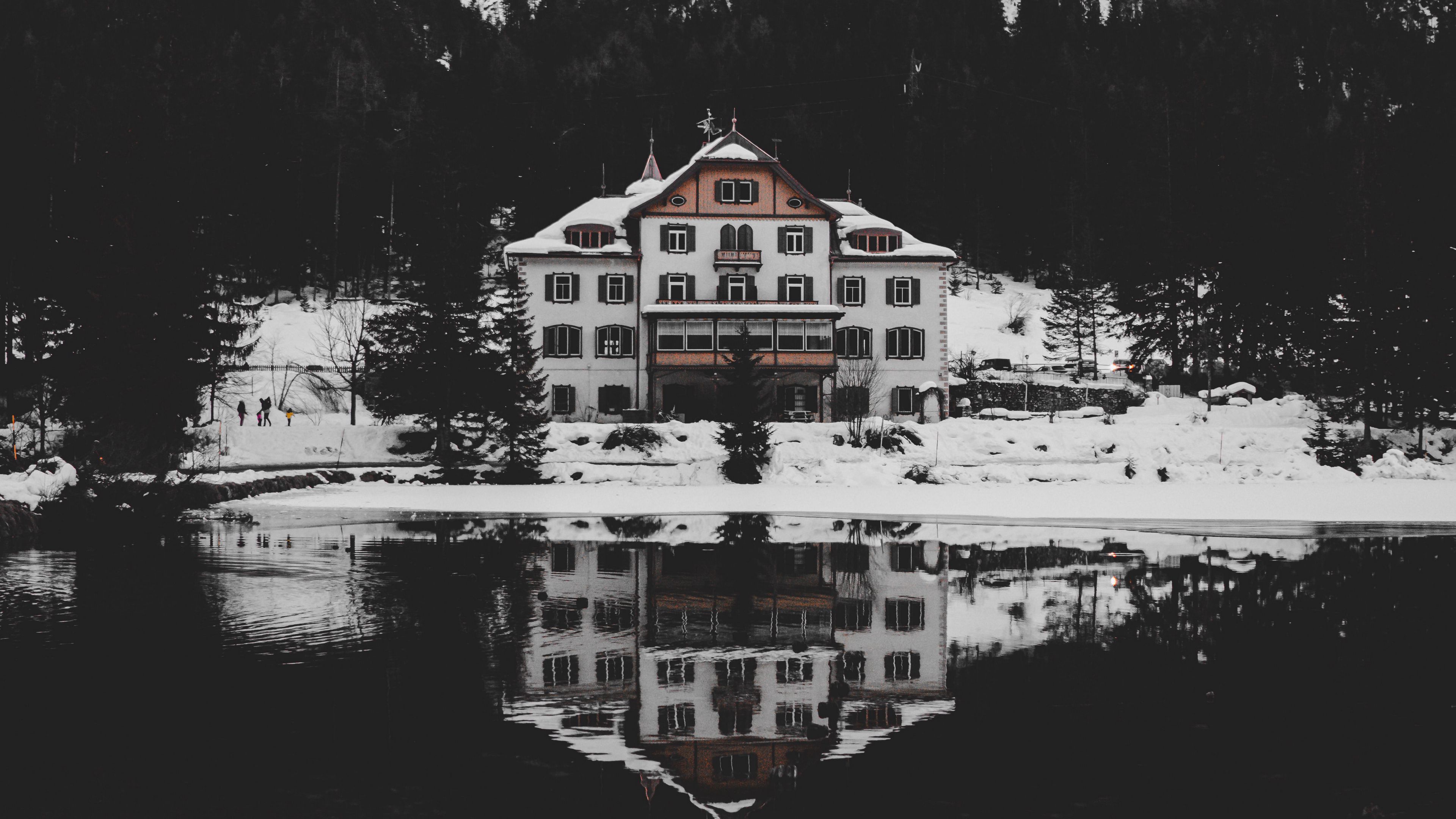 house, lake, mountains, landscape, reflection, 4k, HD Wallpaper