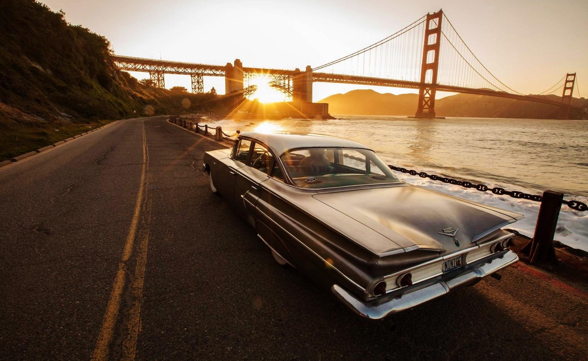 cadillac, cars, vintage, bridge, HD Wallpaper
