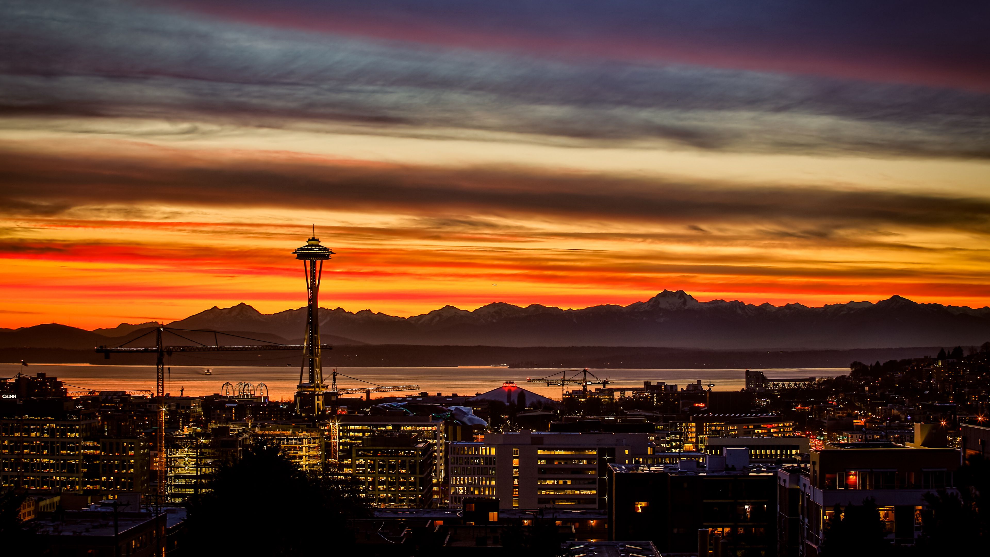 night city, buildings, tower, sunset, mountains, 4k, HD Wallpaper