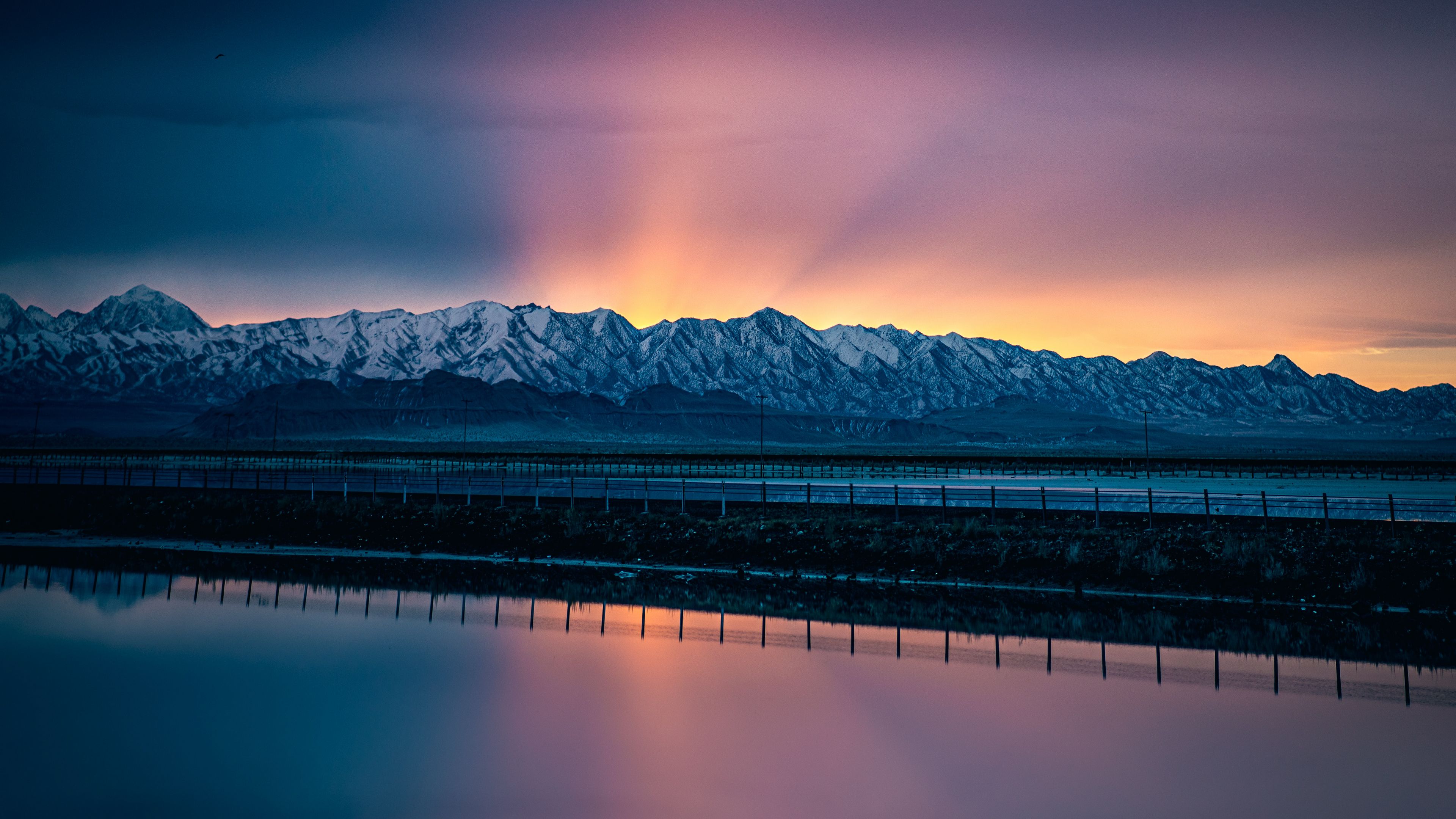 lake, mountains, road, dusk, sunset, 4k, HD Wallpaper