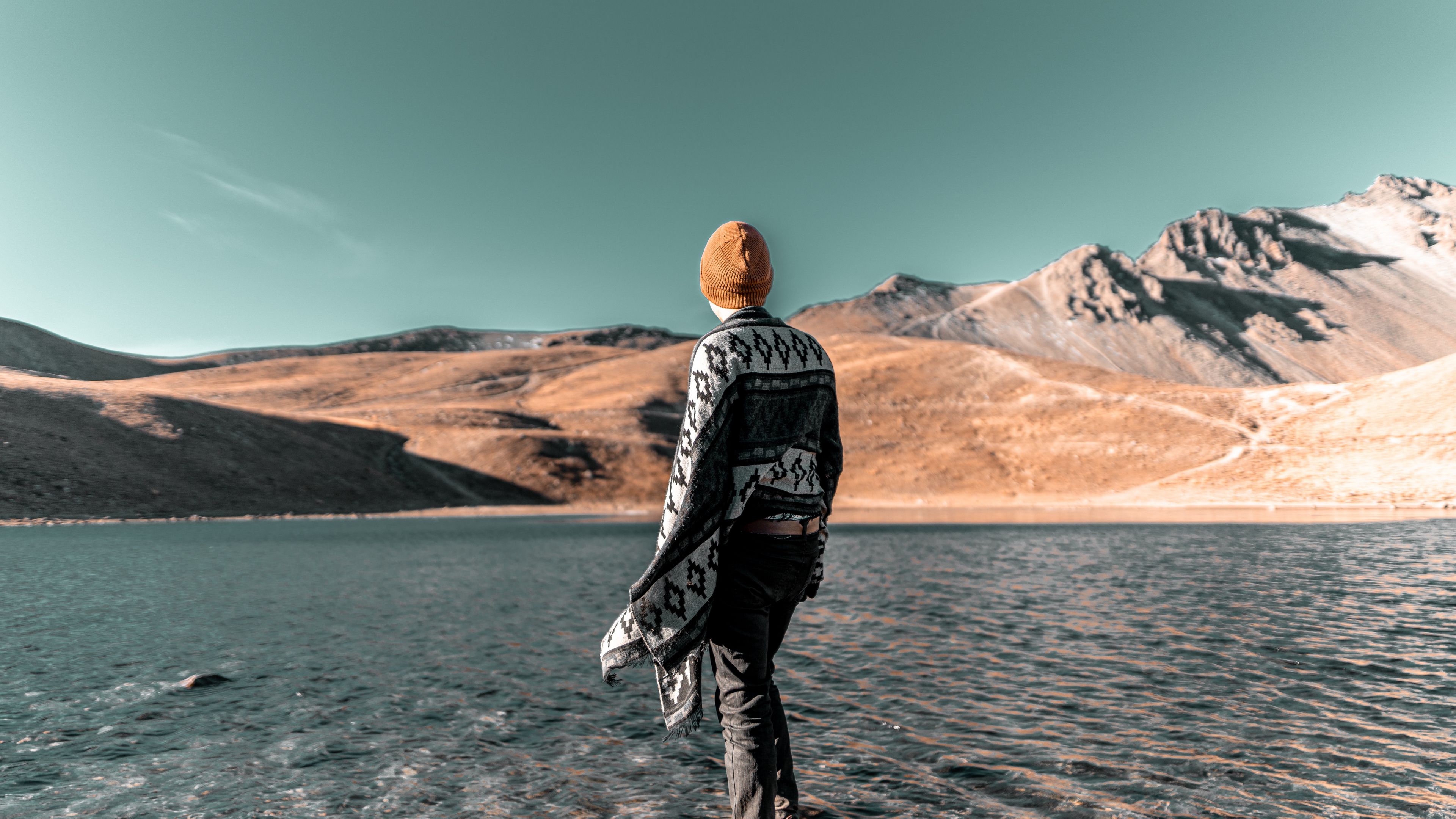 man, lake, shore, mountains, water, 4k, HD Wallpaper