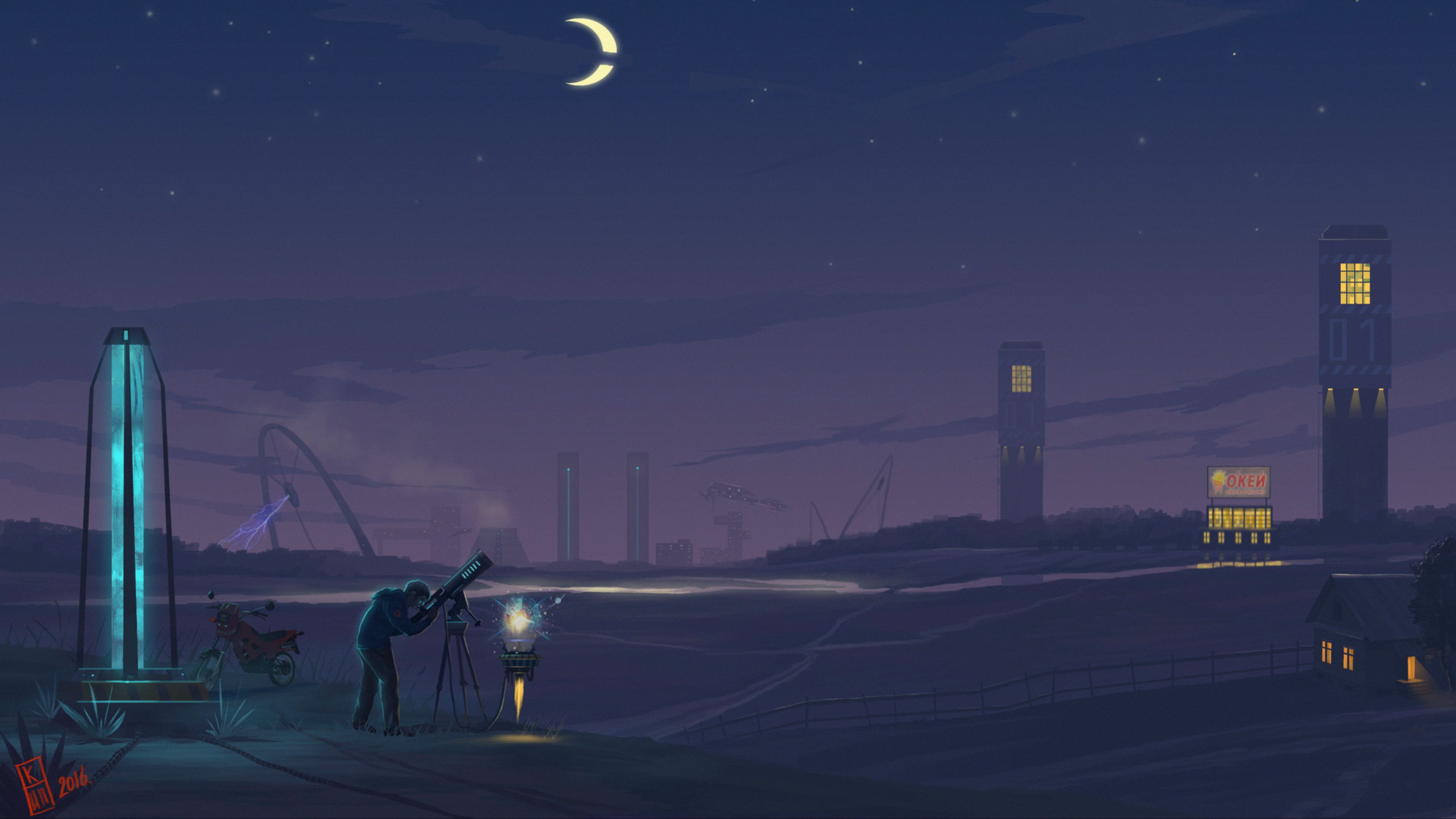 man, telescope, night, art, 4k, HD Wallpaper