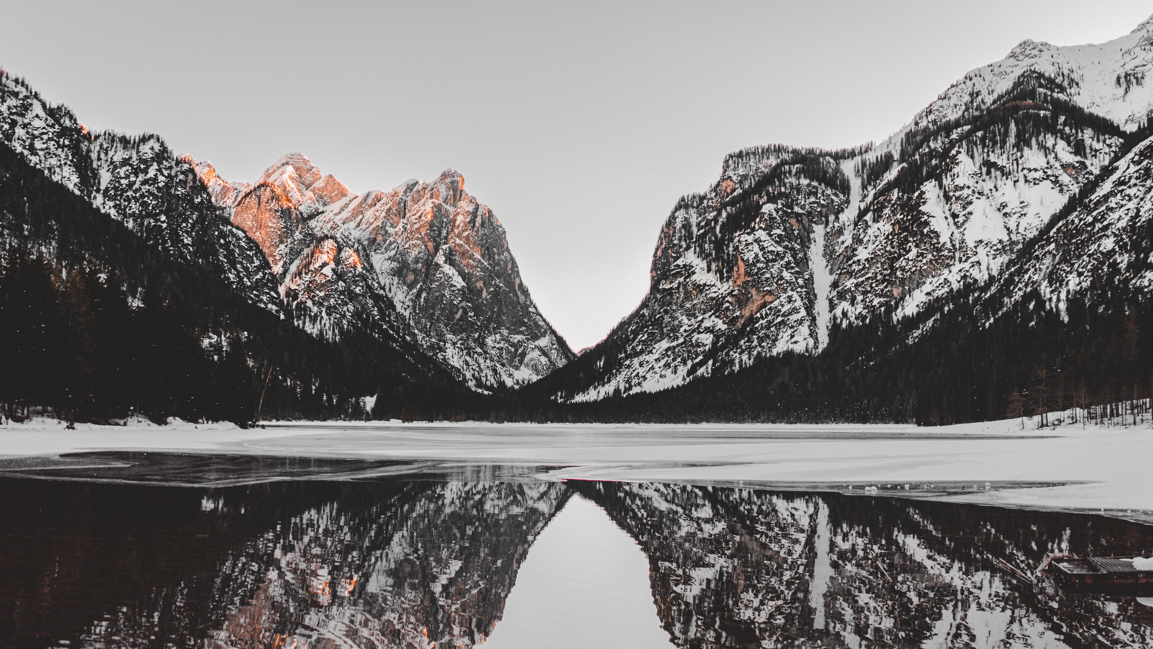 mountains, lake, snow, reflection, landscape, 4k, HD Wallpaper