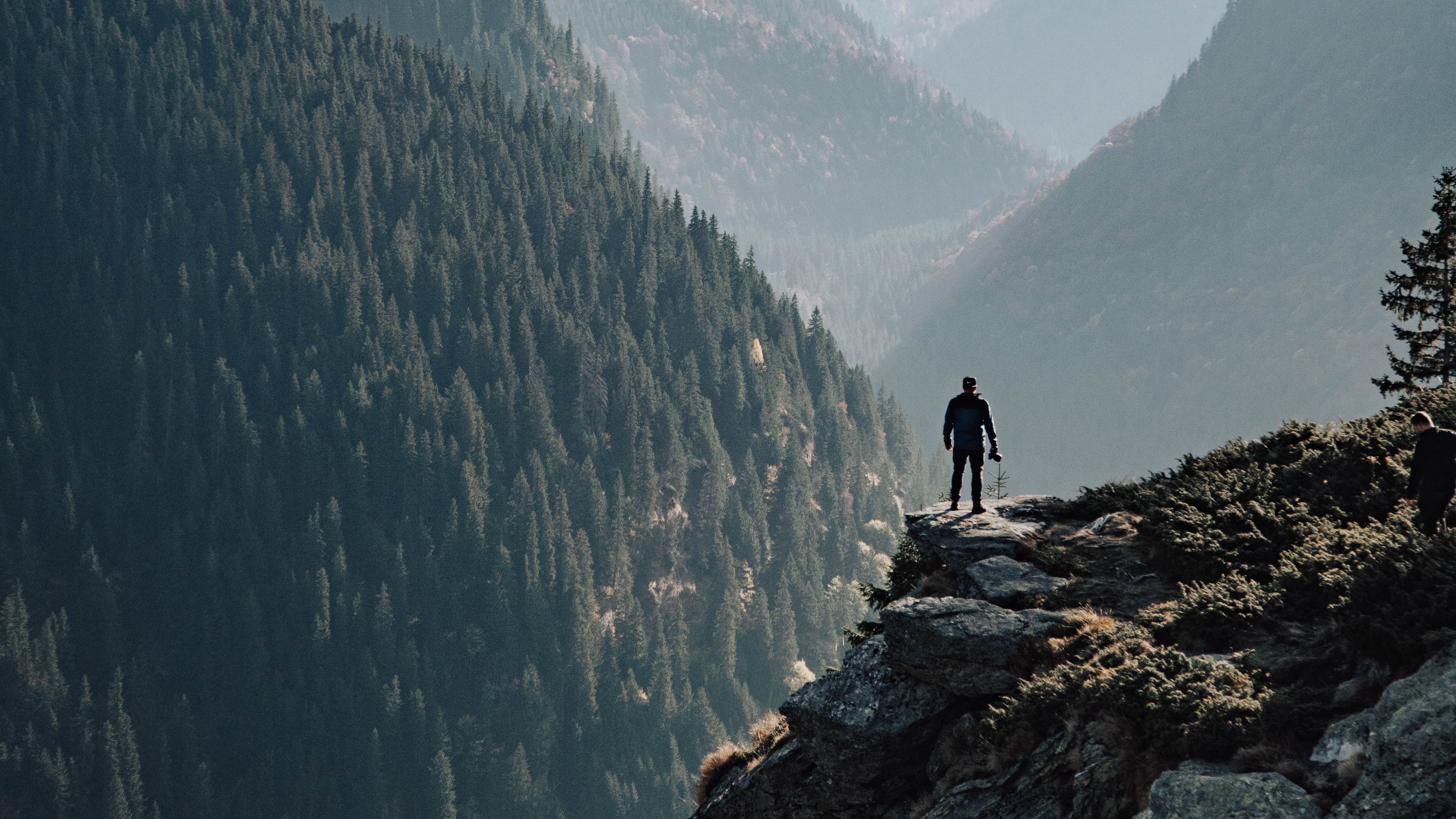 mountains, fog, man, rock, nature, 4k, HD Wallpaper