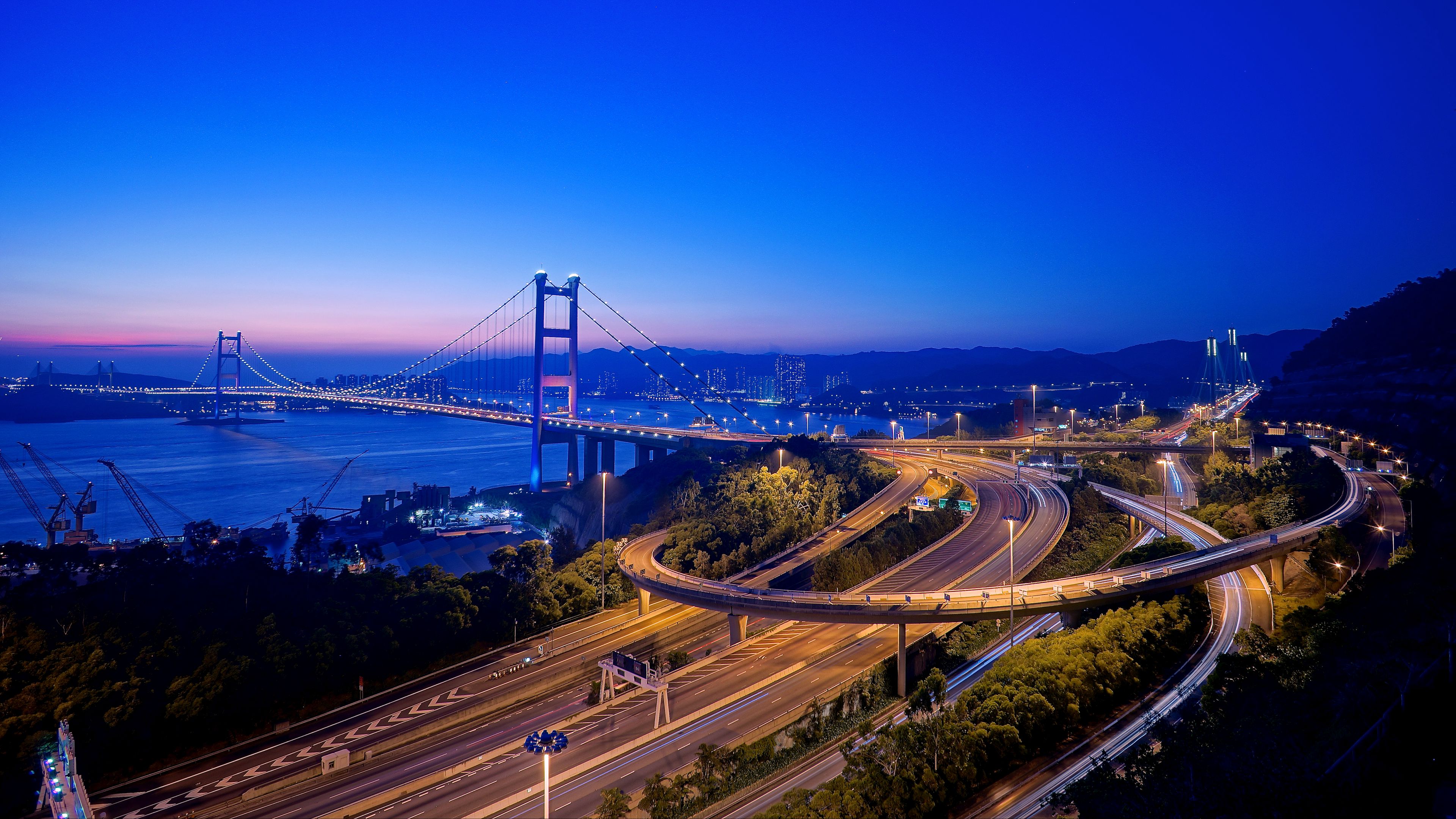 road, bridge, coast, night city, hong kong, 4k, HD Wallpaper