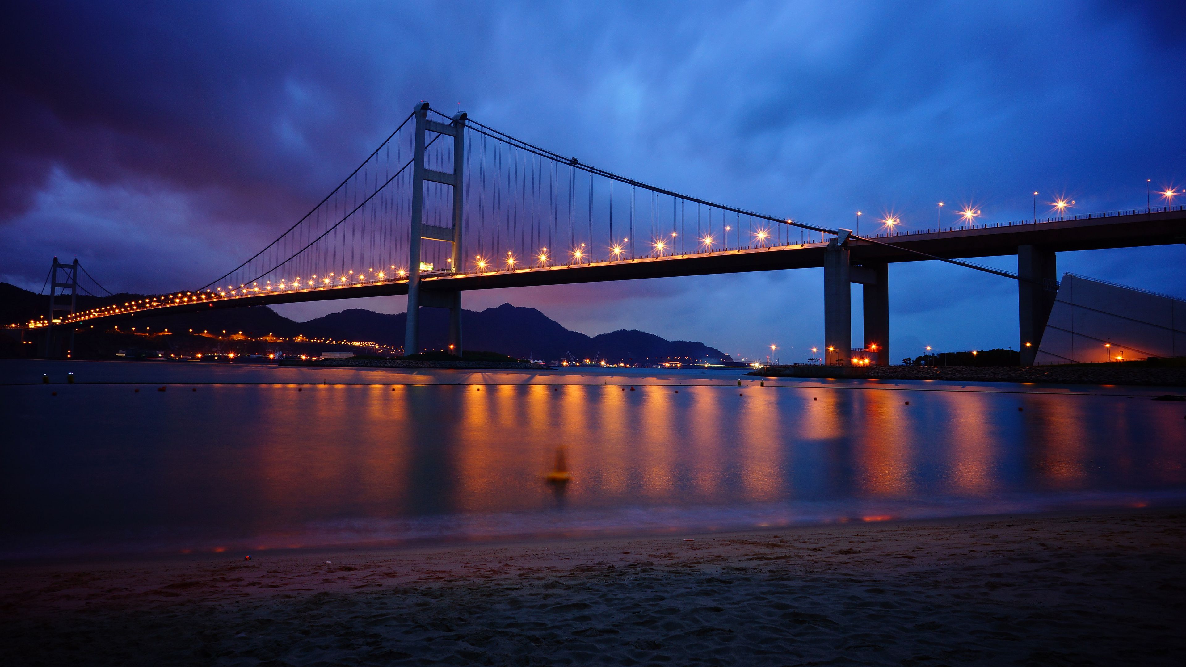 bridge, river, beach, dusk, lights, 4k, HD Wallpaper