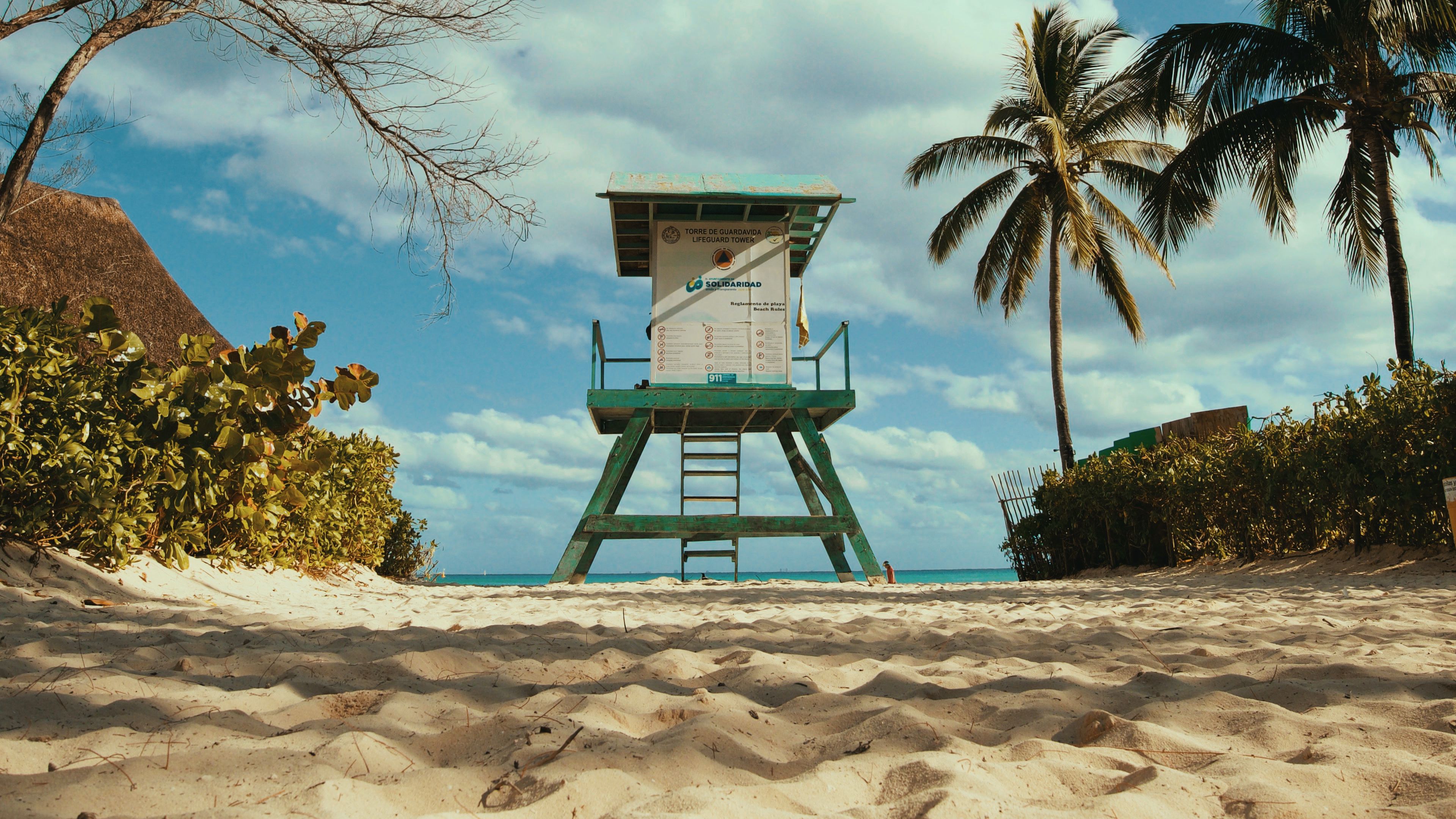 building, tower, beach, sand, palm trees, 4k, HD Wallpaper