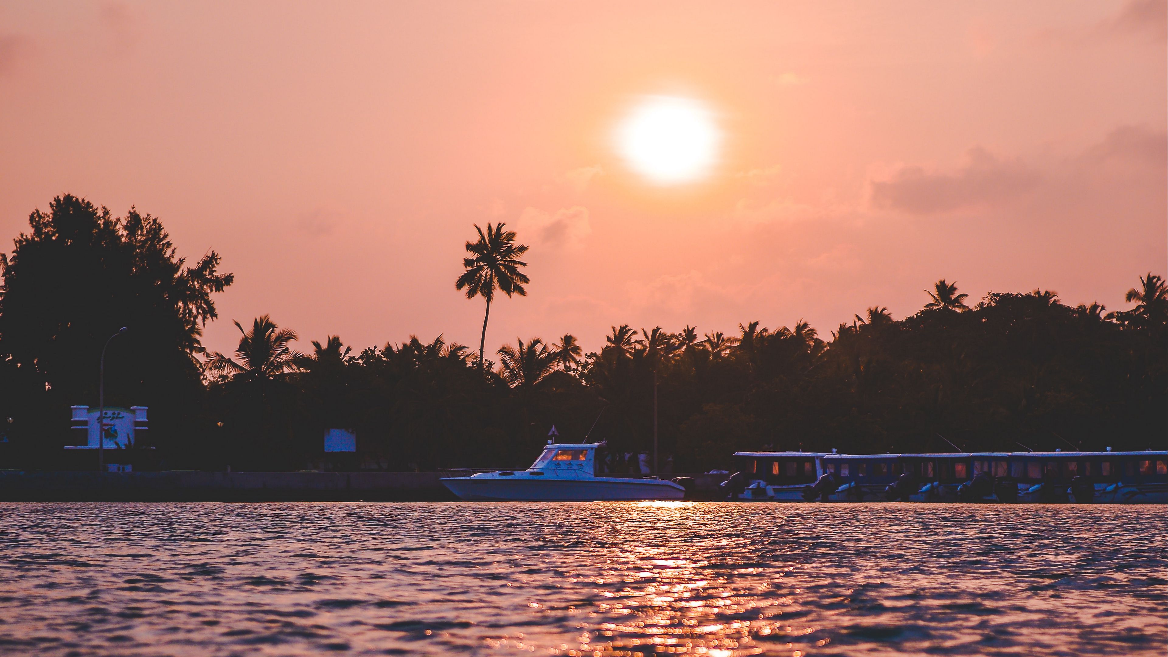 sunset, waves, water, boat, palm trees, 4k, HD Wallpaper