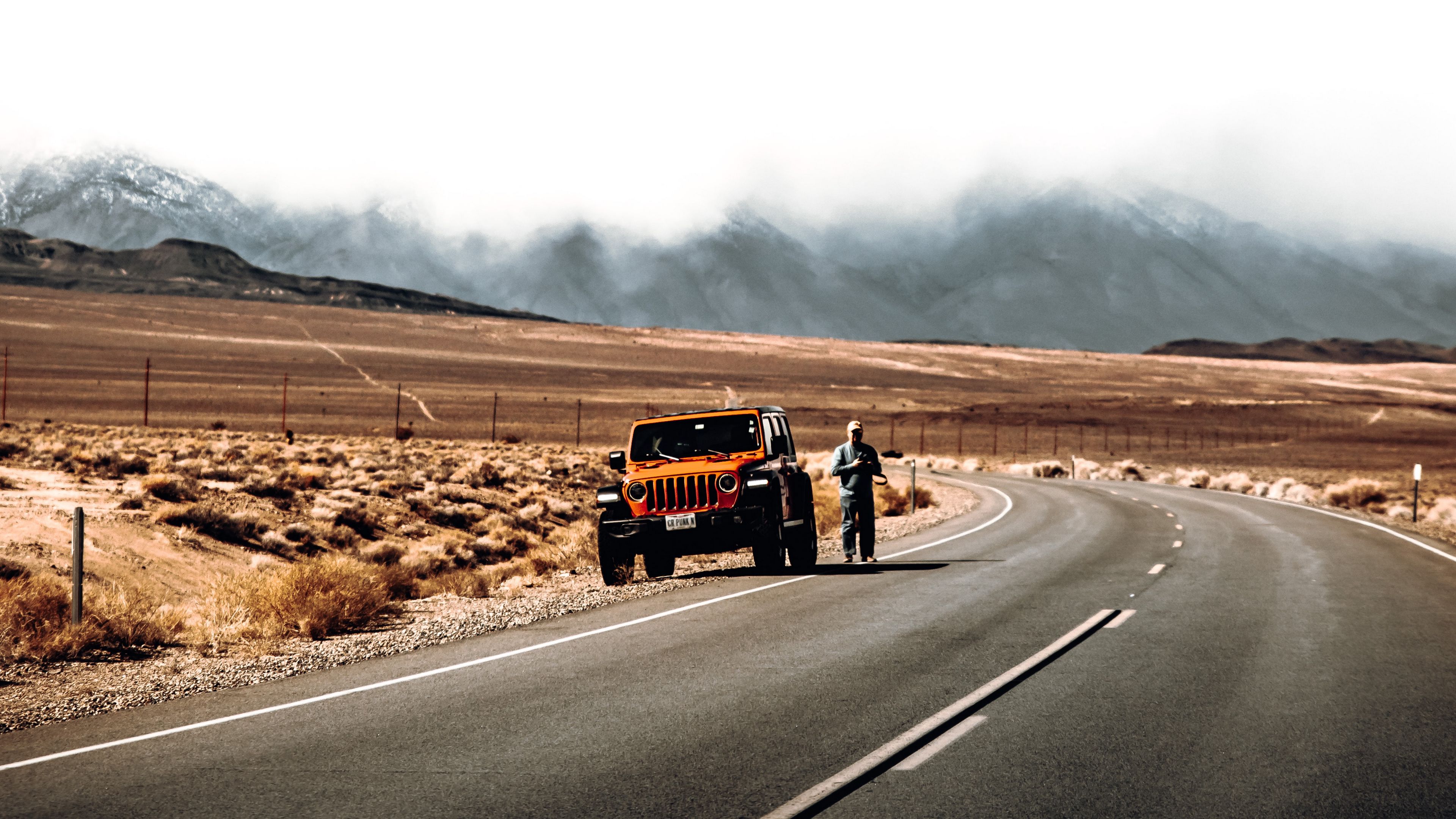 road, car, man, desert, 4k, HD Wallpaper