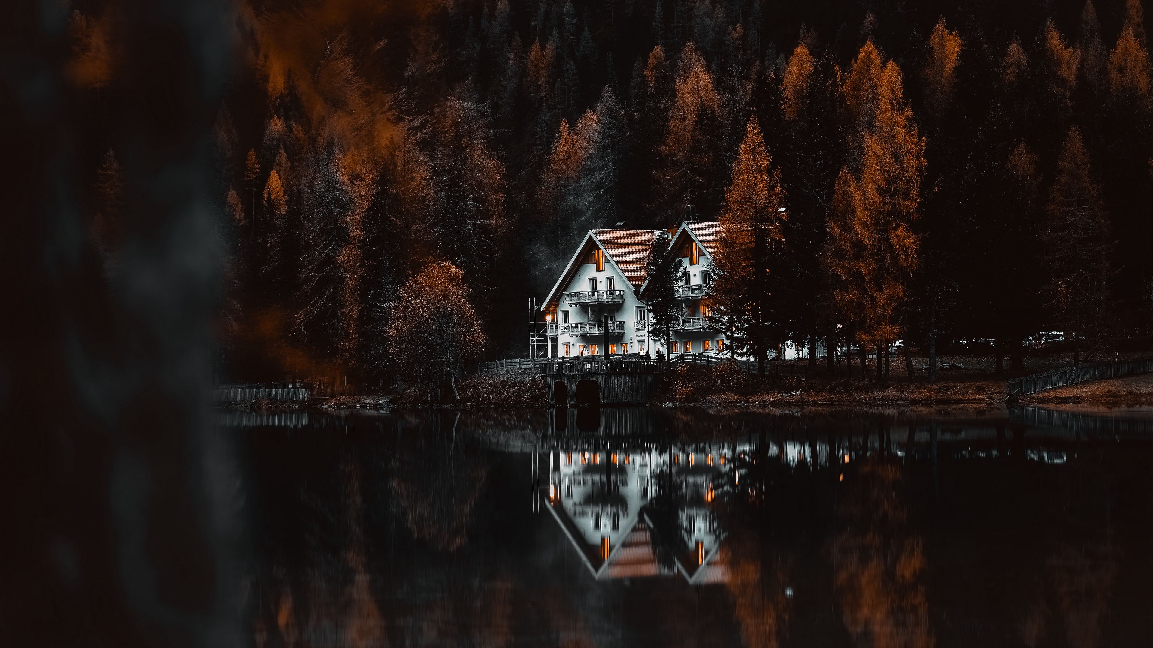 lake, forest, houses, shore, nature, 4k, HD Wallpaper