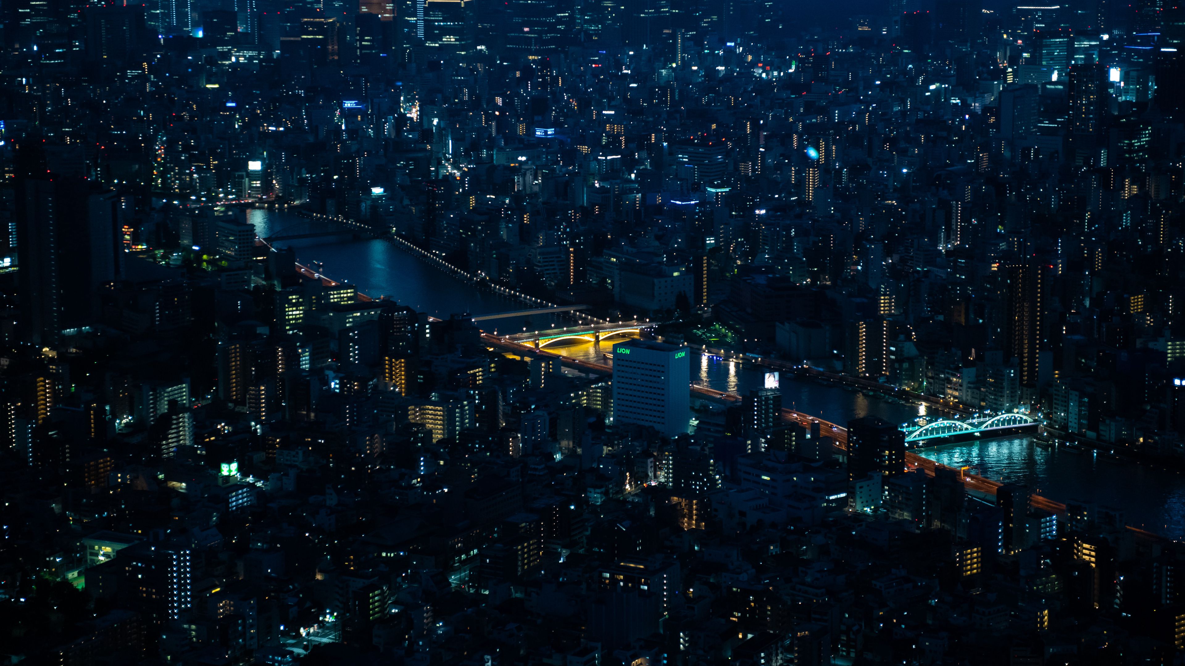 night city, metropolis, aerial view, architecture, dark, 4k, HD Wallpaper