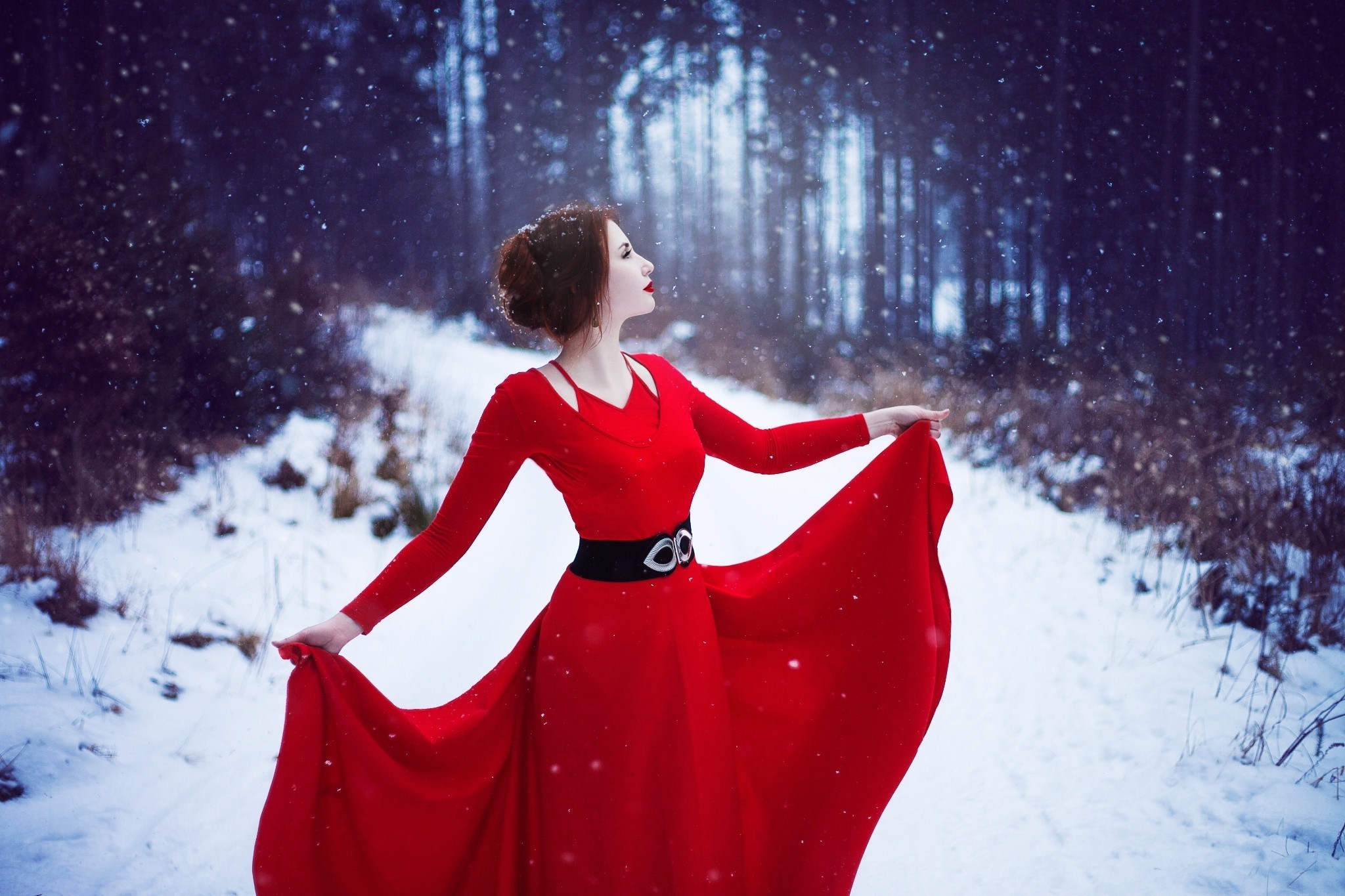 girls, women, snow, dress, HD Wallpaper