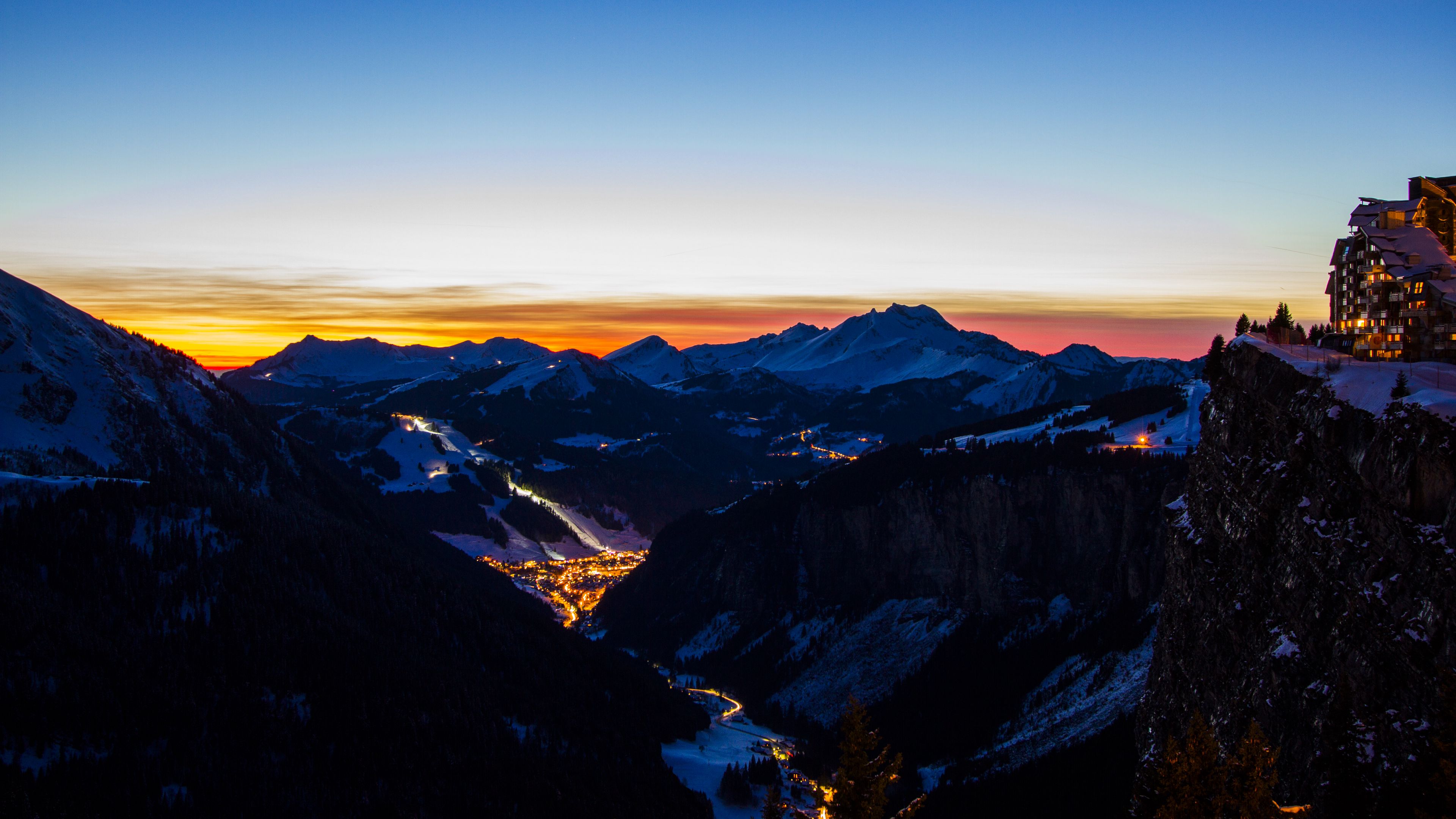 mountains, city, aerial view, valley, lights, night, 4k, HD Wallpaper