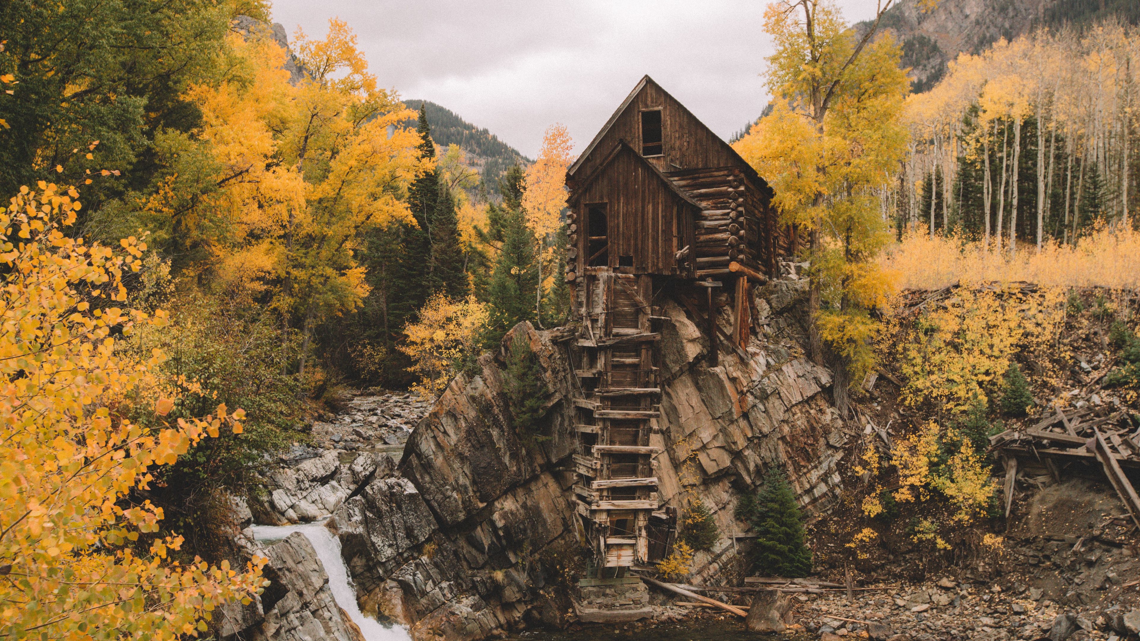 rock, river, house, wooden, nature, 4k, HD Wallpaper