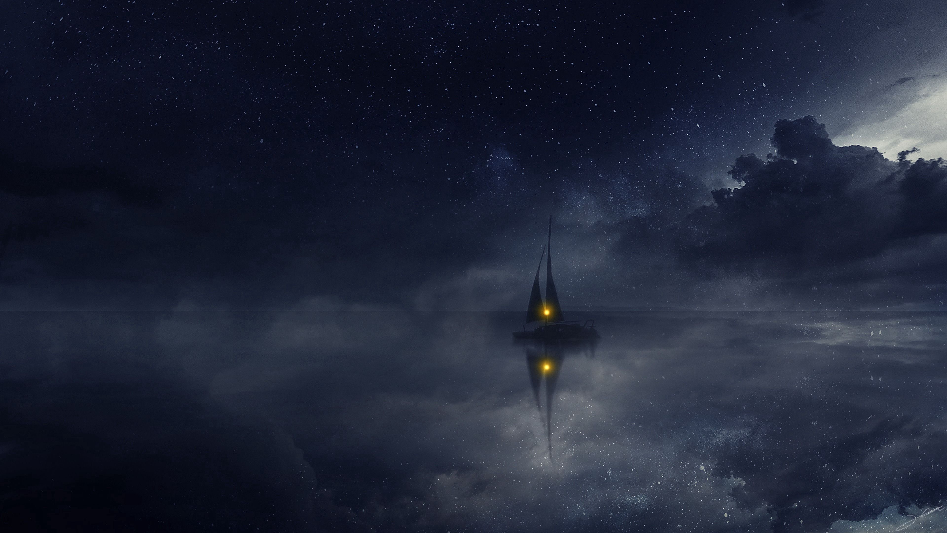 boat, water, clouds, night, art, 4k, HD Wallpaper