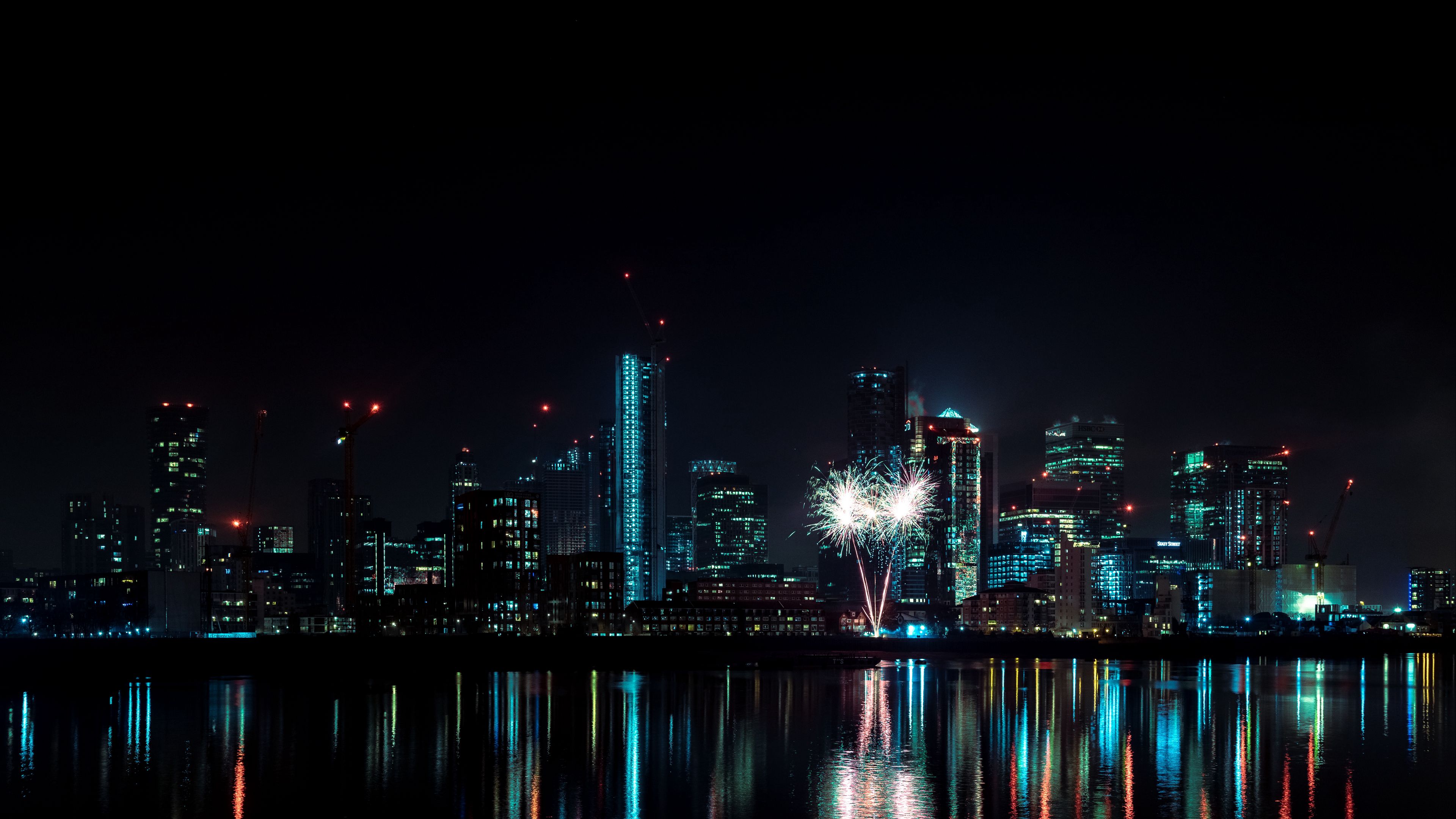 night city, buildings, fireworks, water, reflection, 4k, HD Wallpaper