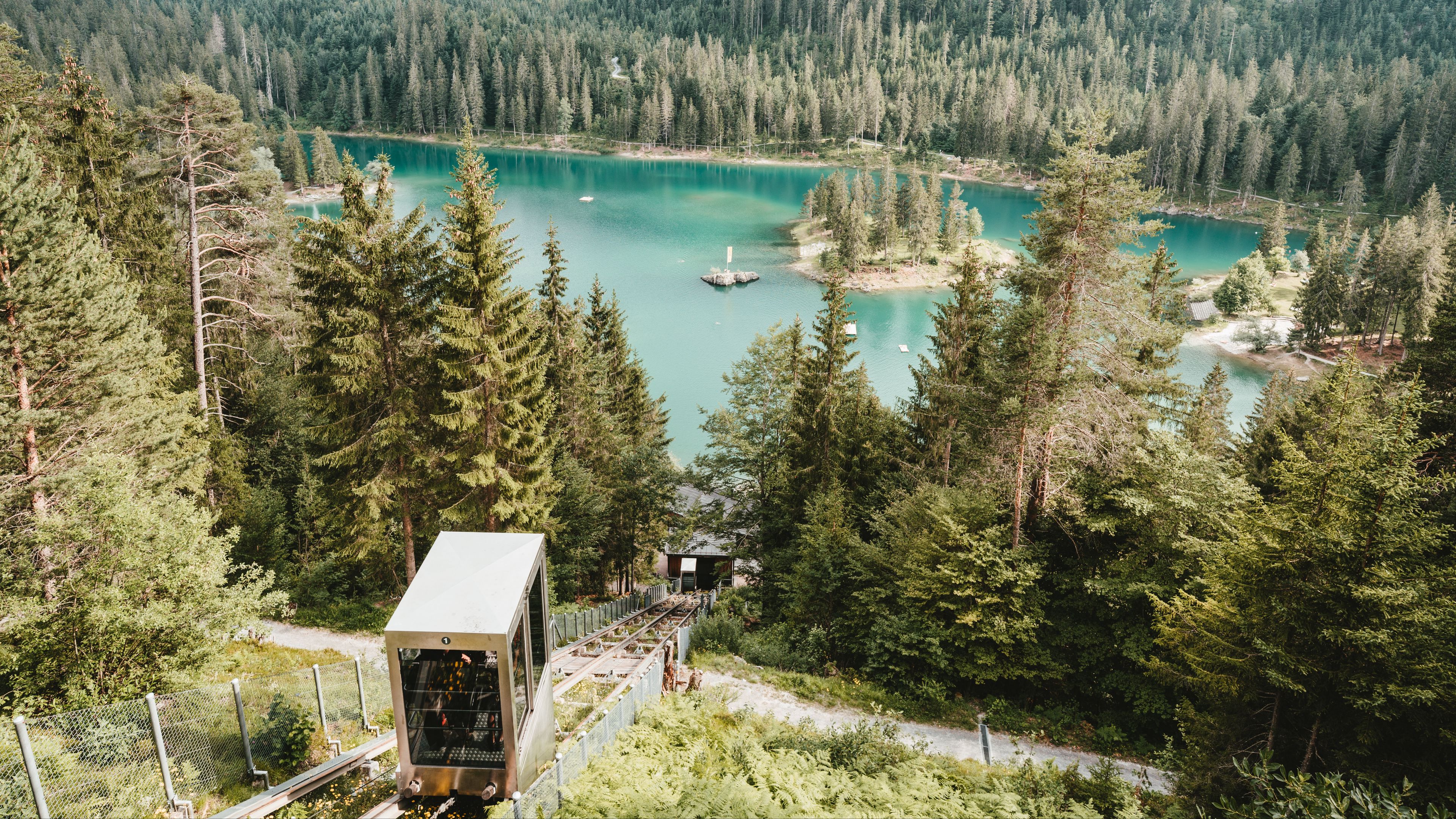 lake, forest, mountains, funicular, landscape, 4k, HD Wallpaper