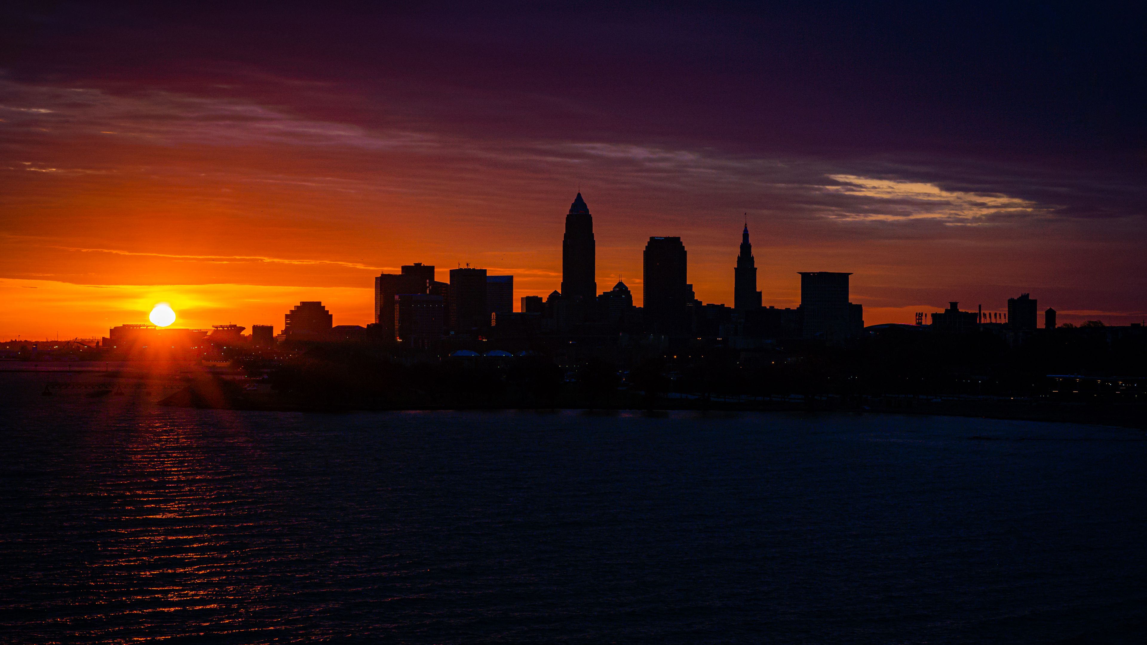 city, silhouette, buildings, sunset, water, 4k, HD Wallpaper