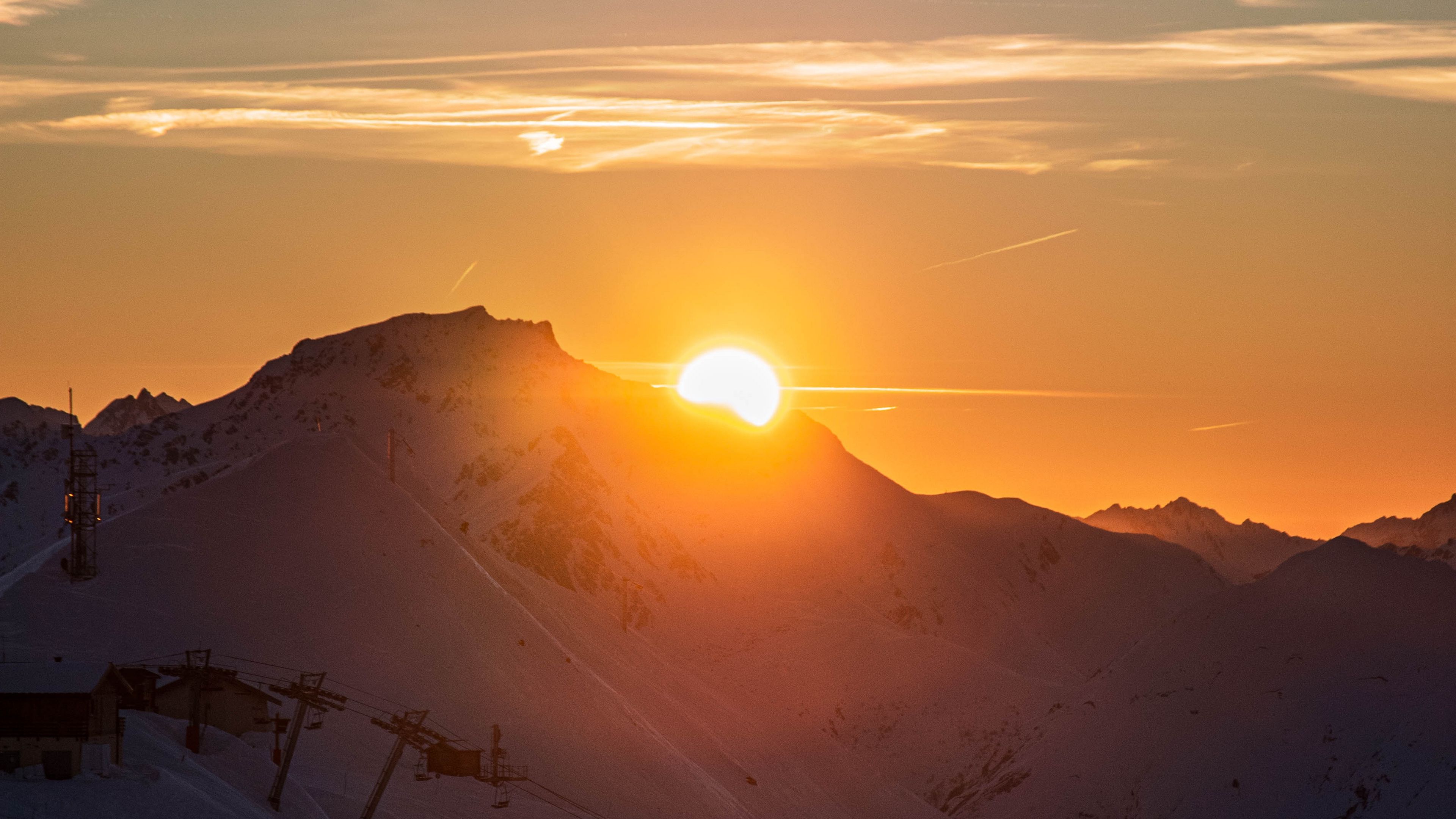 mountains, sunset, sun, snow, landscape, 4k, HD Wallpaper