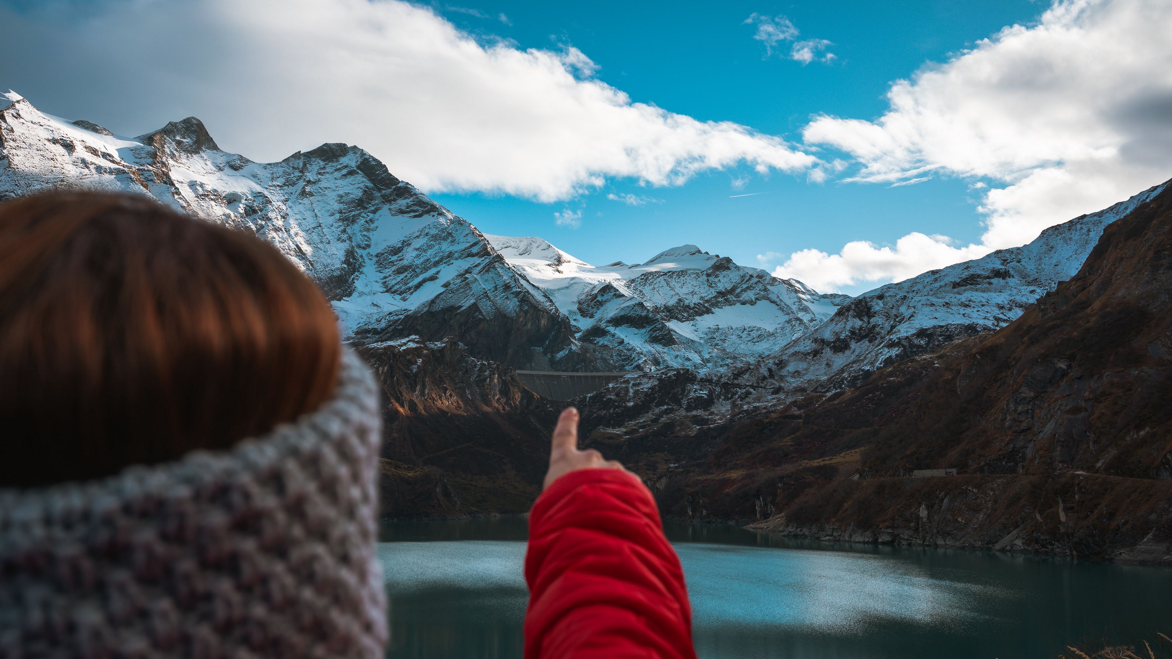 mountains, lake, hand, finger, top, 4k, HD Wallpaper