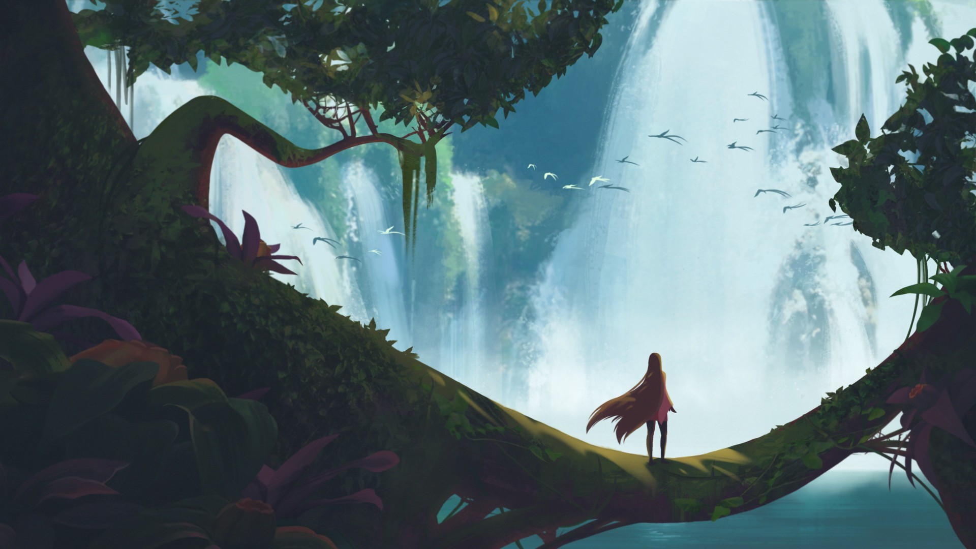 girl, waterfall, fantasy girls, artist, HD Wallpaper