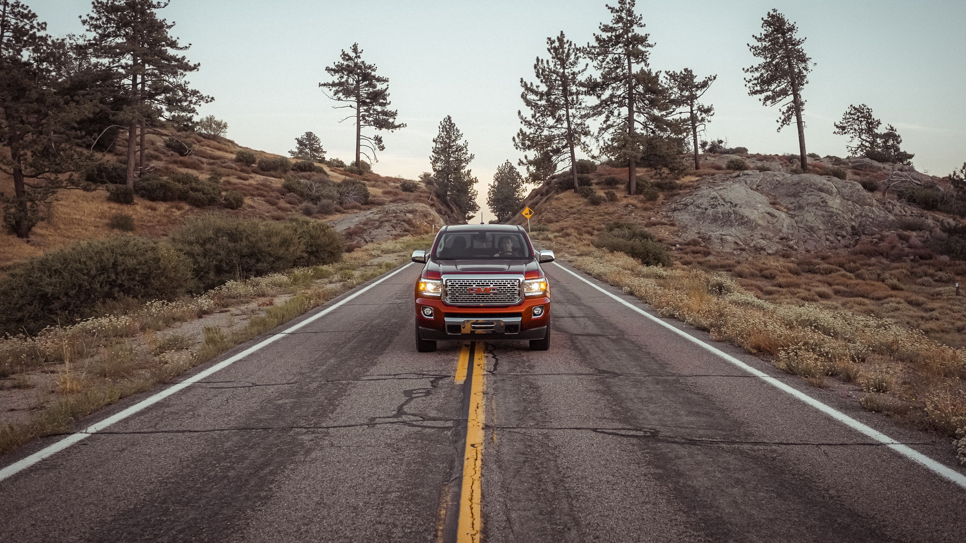gmc canyon denali, gmc, car, red, road, mountains, 4k, HD Wallpaper