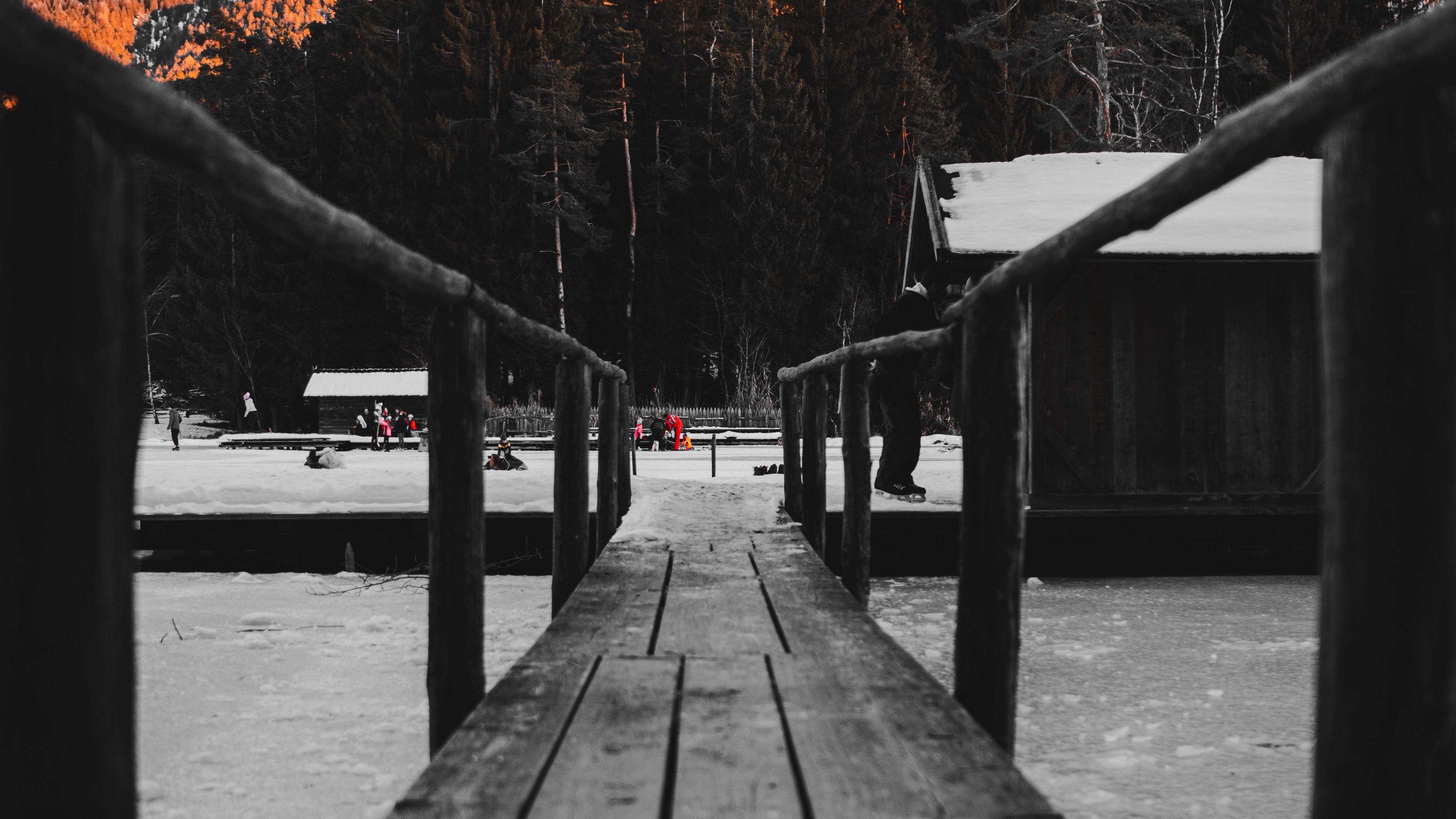 bridge, rink, mountain, winter, nature, 4k, HD Wallpaper