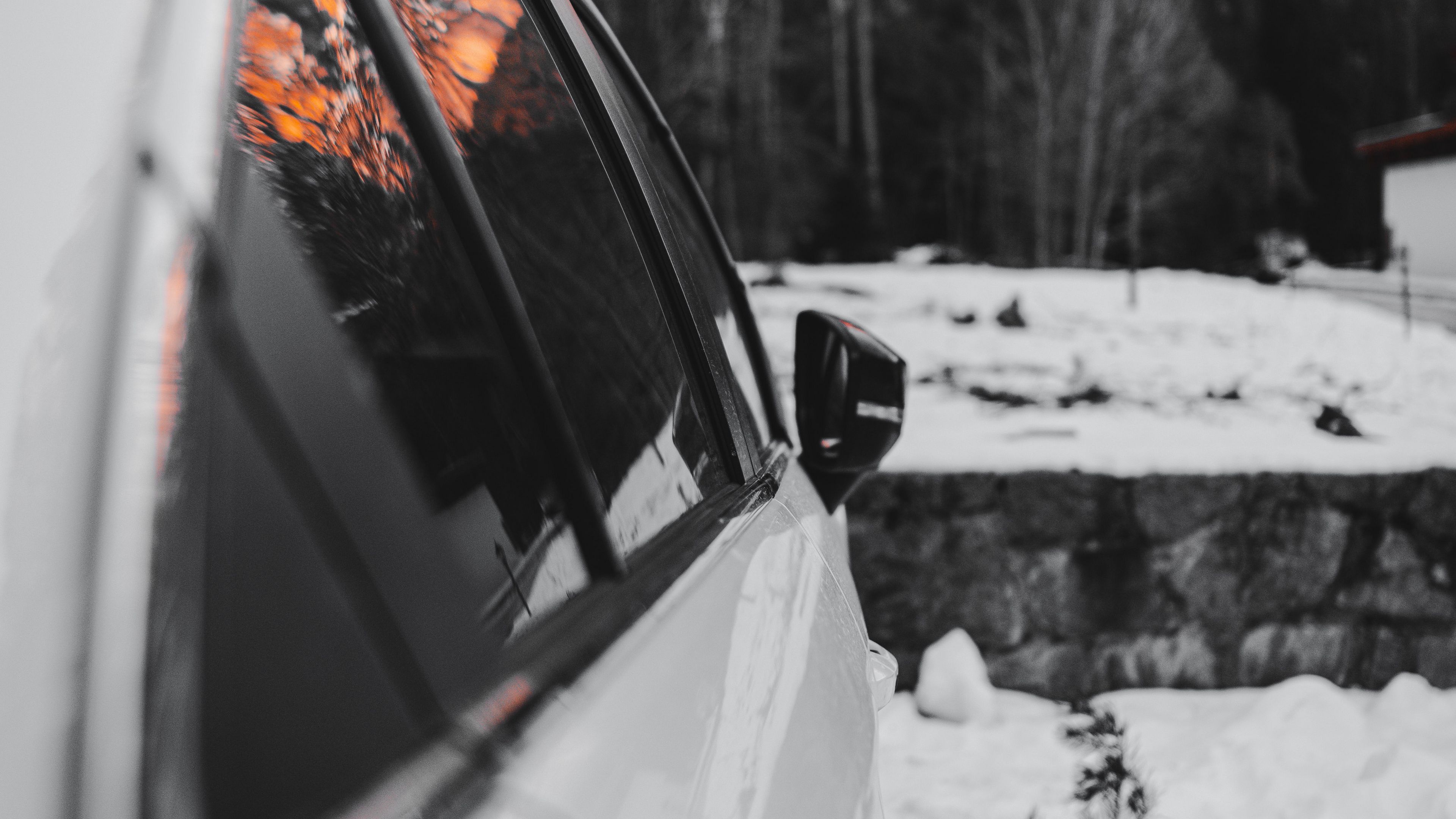 car, white, winter, nature, 4k, HD Wallpaper